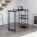 GAVIN - Mesa de bar 110x50 cm, altura 105 cm, con 2 estantes y portacopas, estructura de acero, estilo industrial, negro