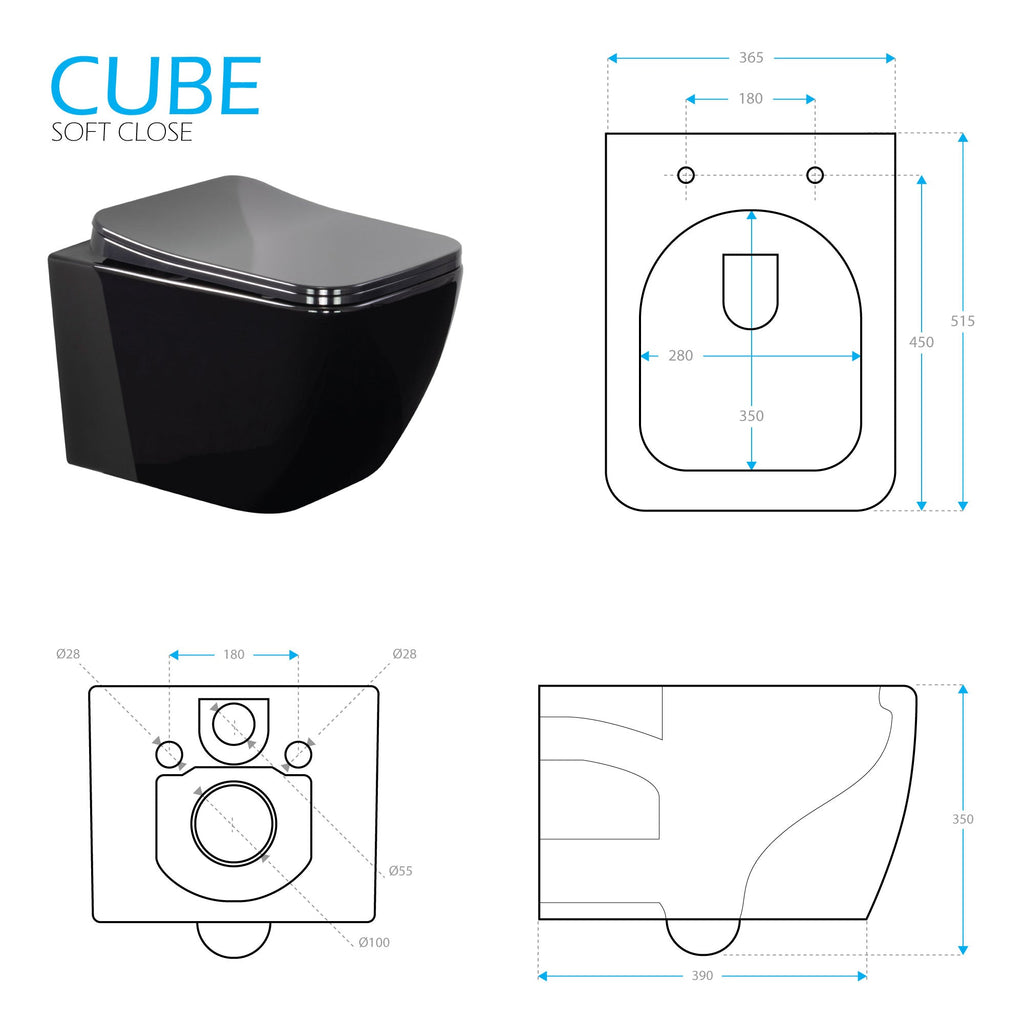 CUBE - Sanita suspensa preta sem aro interno - tampa de fecho suave incluída