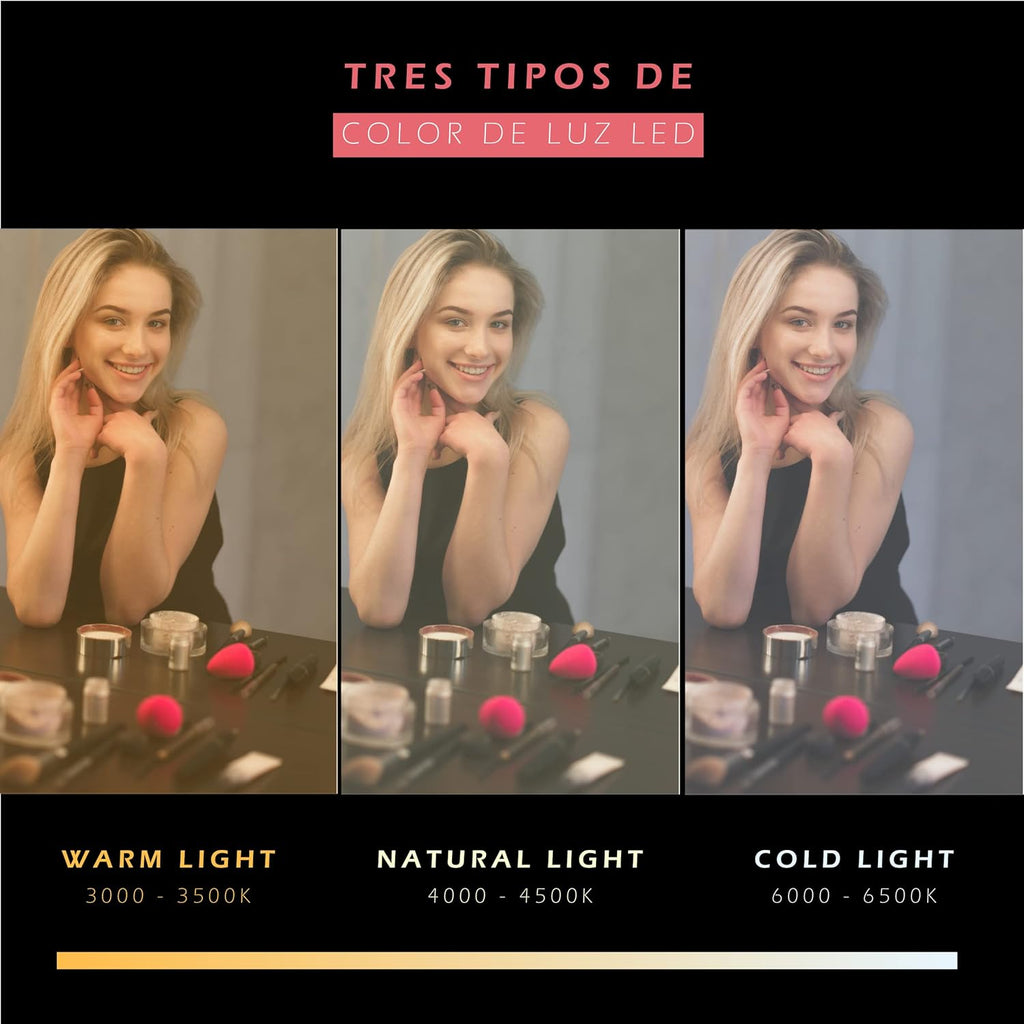Specchio da trucco con luce LED, specchio portatile tipo tablet con illuminazione a 3 colori, luce regolabile, supporto regolabile, doppia alimentazione e controllo touch