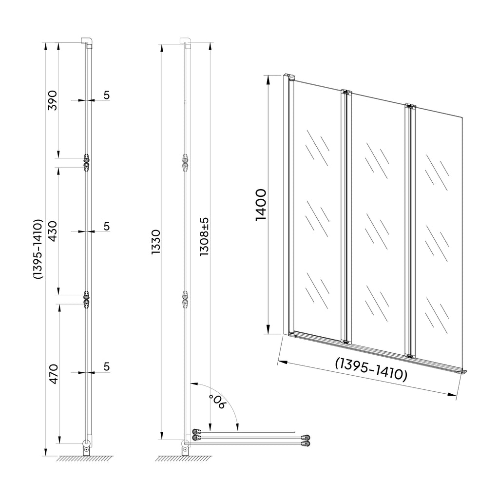 PETRA | Mampara de bañera con 3 paneles abatibles, perfiles cromados y vidrio templado transparente 6 mm ESG Nano