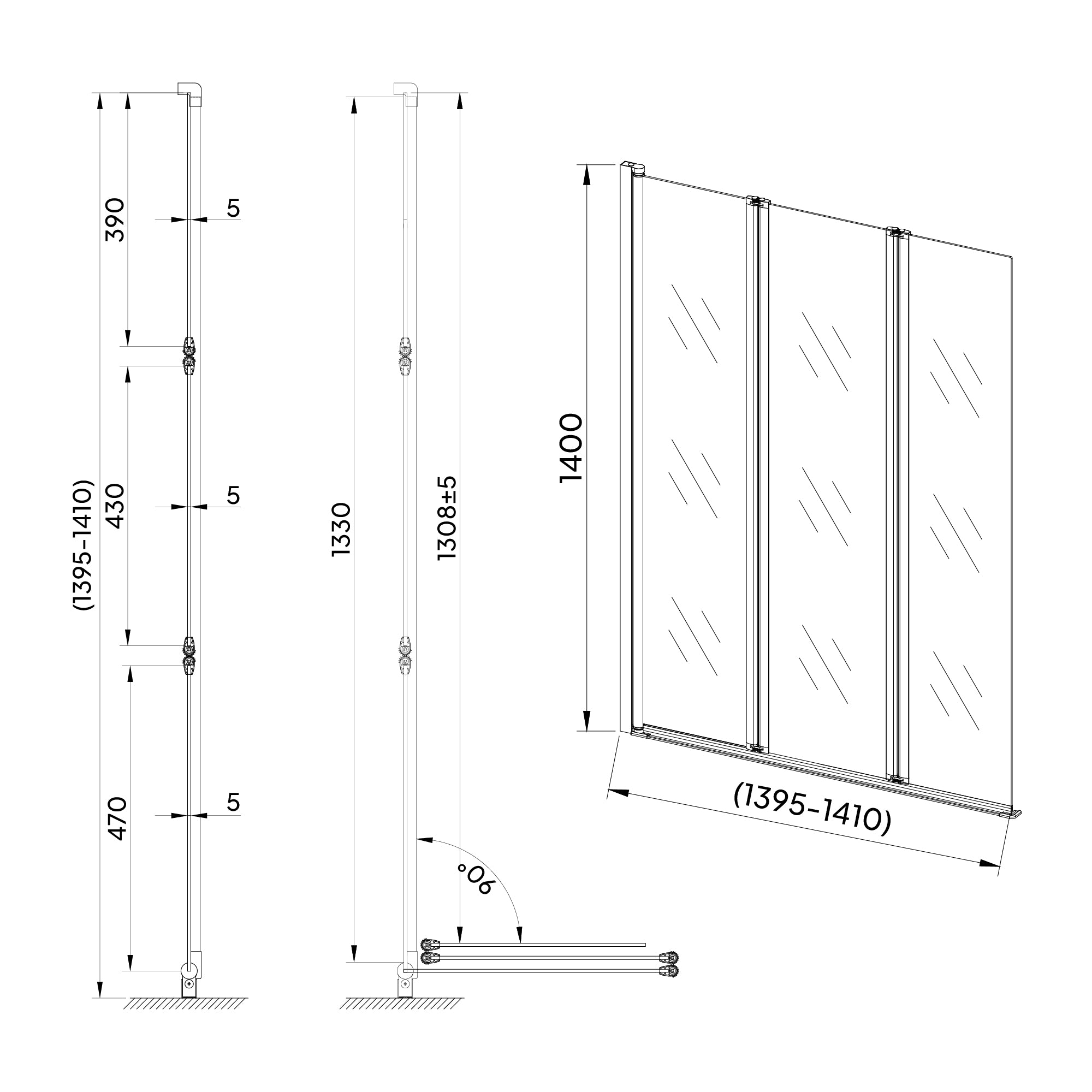 PETRA | Mampara de bañera con 3 paneles abatibles, perfiles cromados y vidrio templado transparente 6 mm ESG Nano