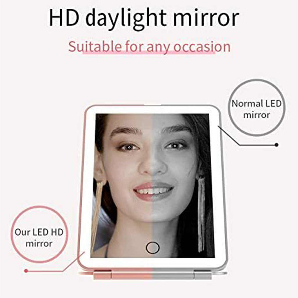 Specchio da trucco con luce LED, specchio portatile tipo tablet con illuminazione a 3 colori, luce regolabile, supporto regolabile, doppia alimentazione e controllo touch