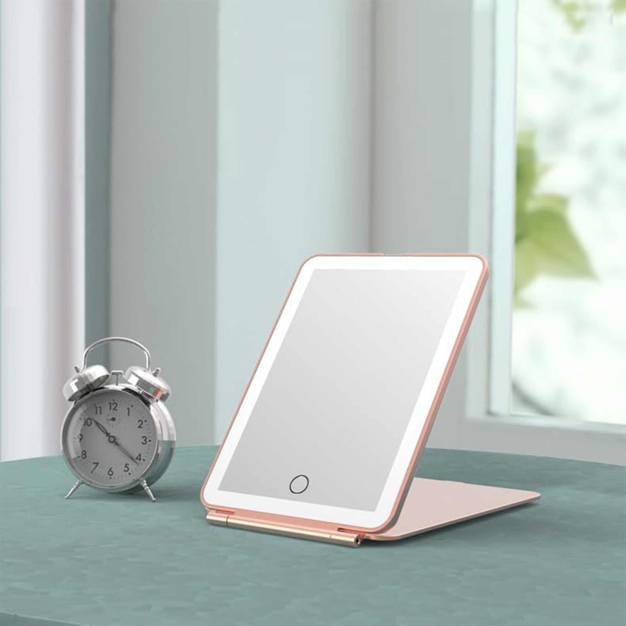 Specchio da trucco con luce LED, specchio portatile tipo tablet con illuminazione a 3 colori, luce regolabile, supporto regolabile, doppia alimentazione e controllo touch