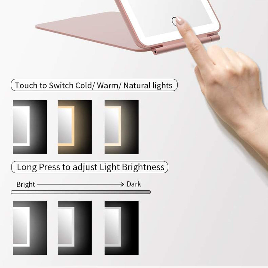 Specchio da trucco con luce LED, specchio portatile tipo tablet con illuminazione a 3 colori, luce regolabile, supporto regolabile, doppia alimentazione e controllo touch