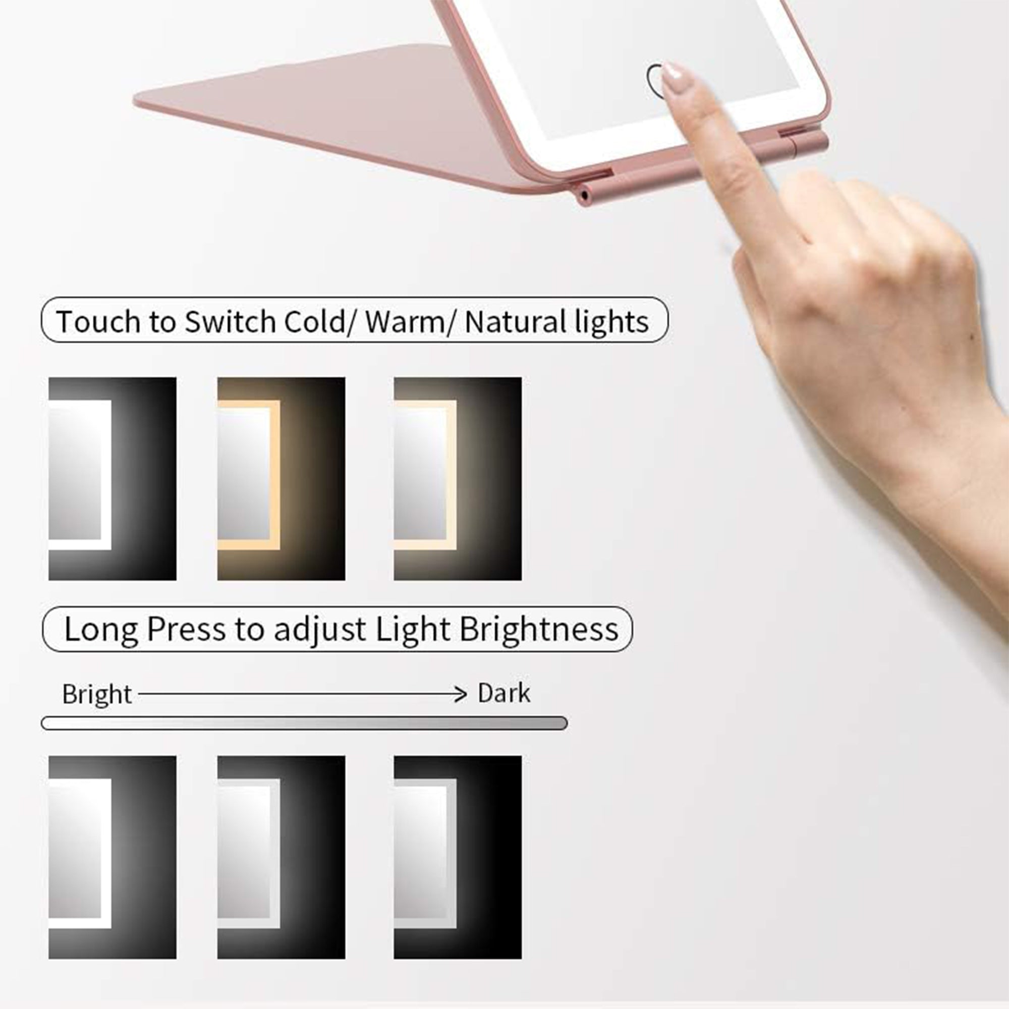 Specchio da trucco con luce LED, specchio portatile tipo tablet con illuminazione a 3 colori, luce regolabile, supporto regolabile, doppia alimentazione e controllo touch
