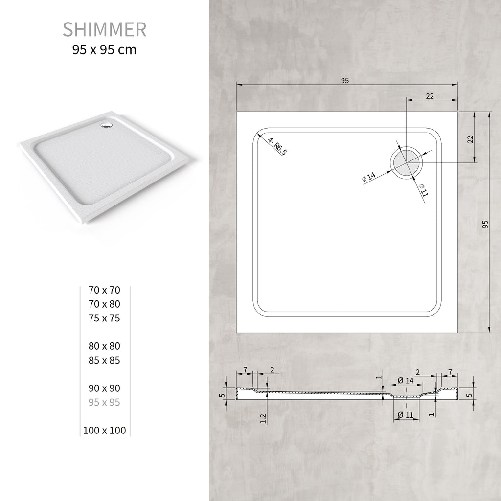 SHIMMER - Piatto doccia bianco Stone acrilico, texture pietra, ultrasottile 5 cm, sifone e valvola inclusi