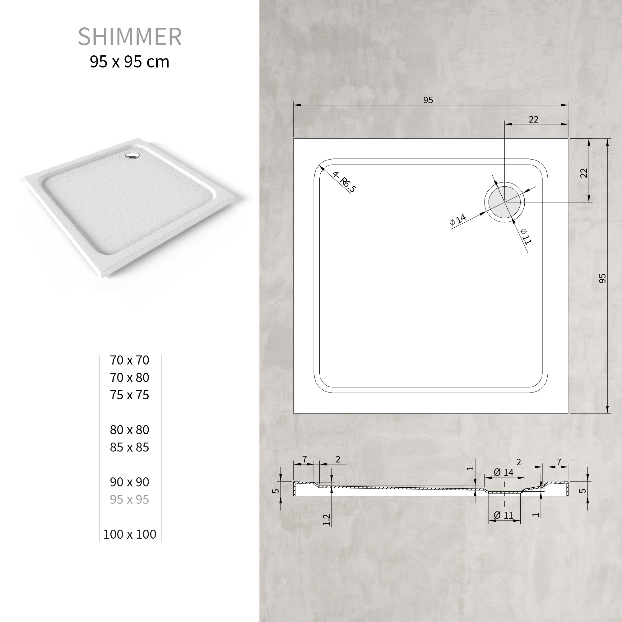 SHIMMER - Piatto doccia bianco Stone acrilico, texture pietra, ultrasottile 5 cm, sifone e valvola inclusi