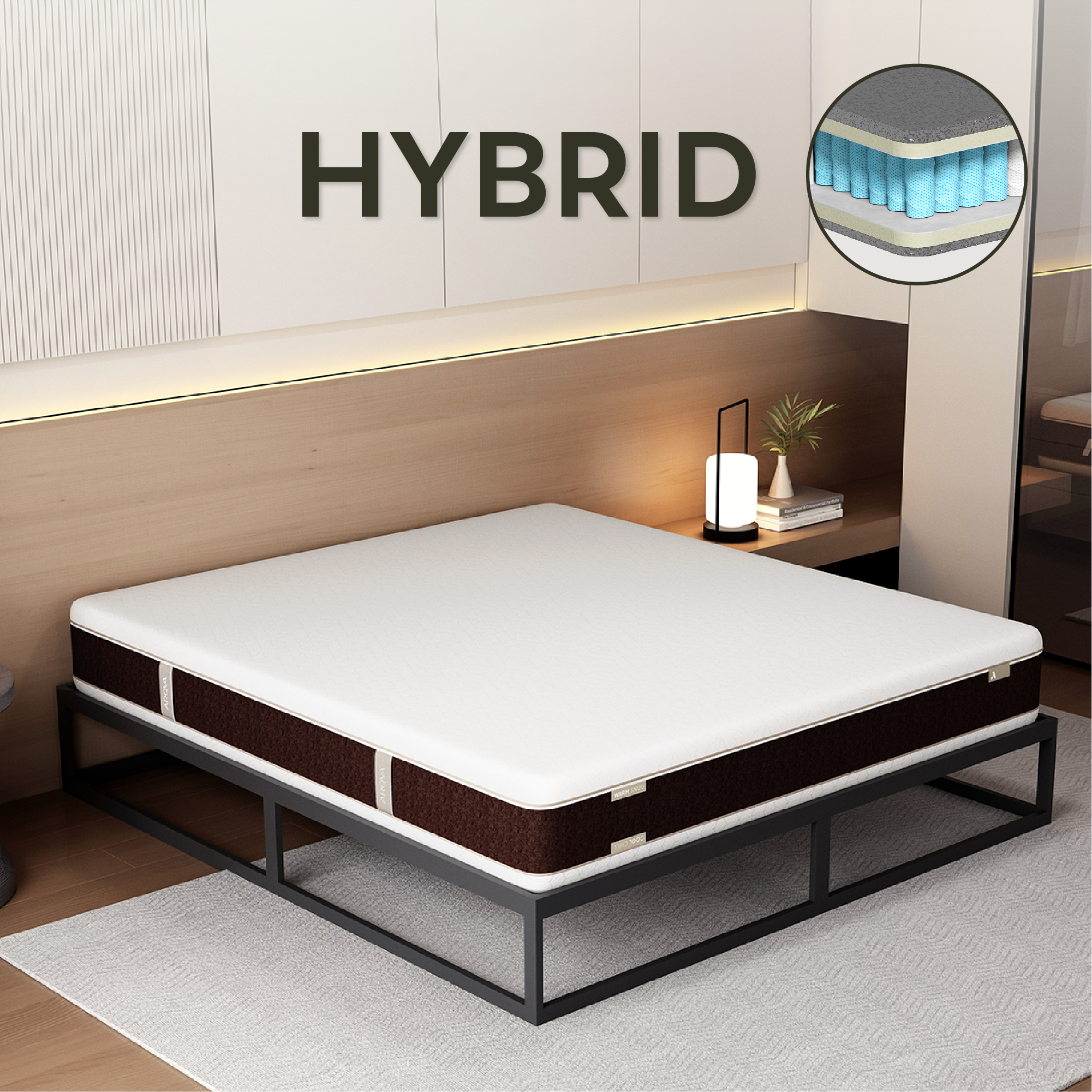 ARQYA Tenkai hybrid mattress with pocket springs on Haruki bed frame in a contemporary bedroom