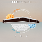 Colchón con función "Double Touch" que muestra zonas de confort cálidas y frías sobre un fondo degradado.