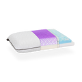 Almohada de espuma viscoelástica con estampado morado y azul sobre fondo blanco.