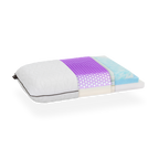 Almohada de espuma viscoelástica con estampado morado y azul sobre fondo blanco.