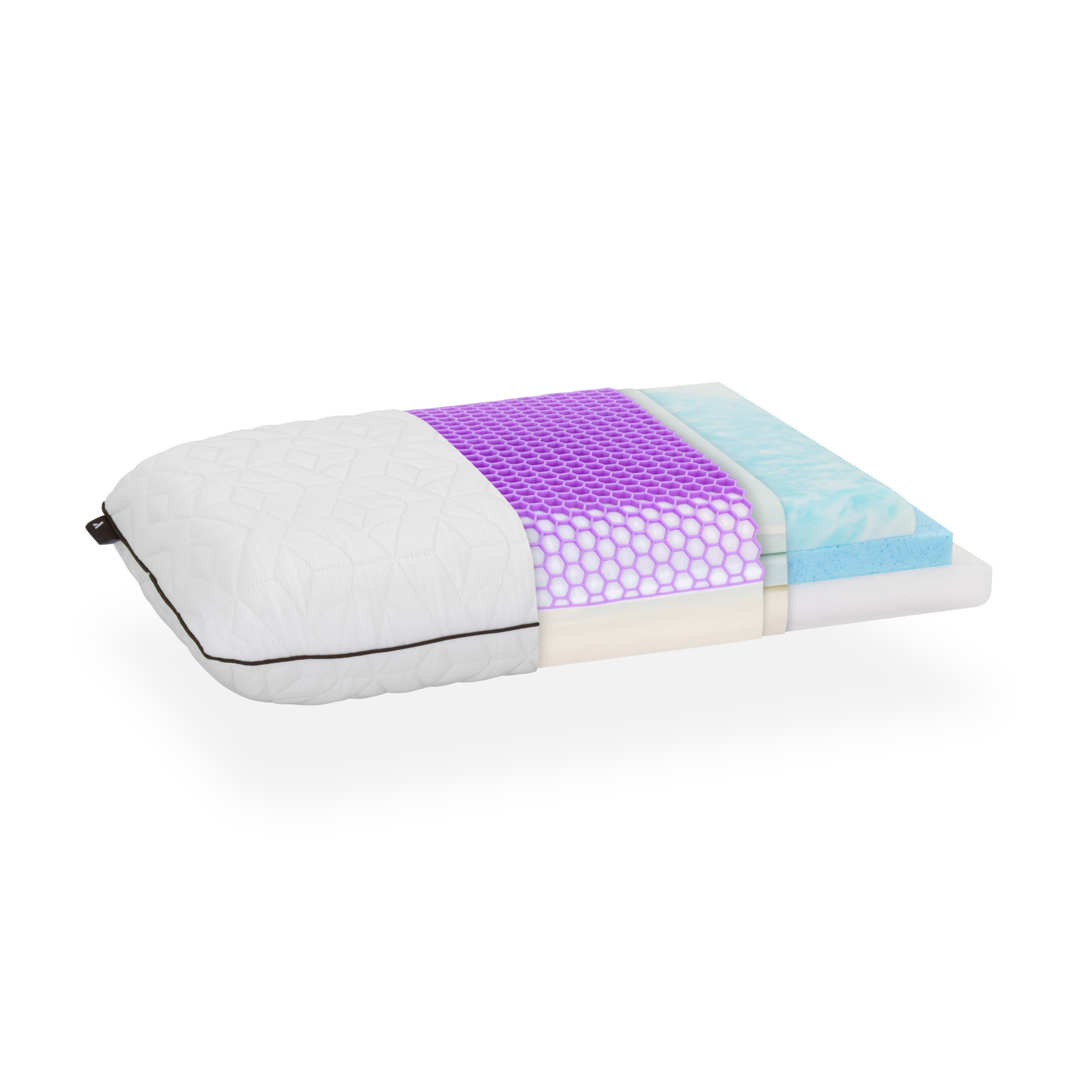 Memory foam pillow with purple and blue pattern on a white background