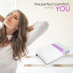 Mujer relajándose con una almohada en la cama, con el texto promocional "La comodidad perfecta, creada por TI" en la parte superior.