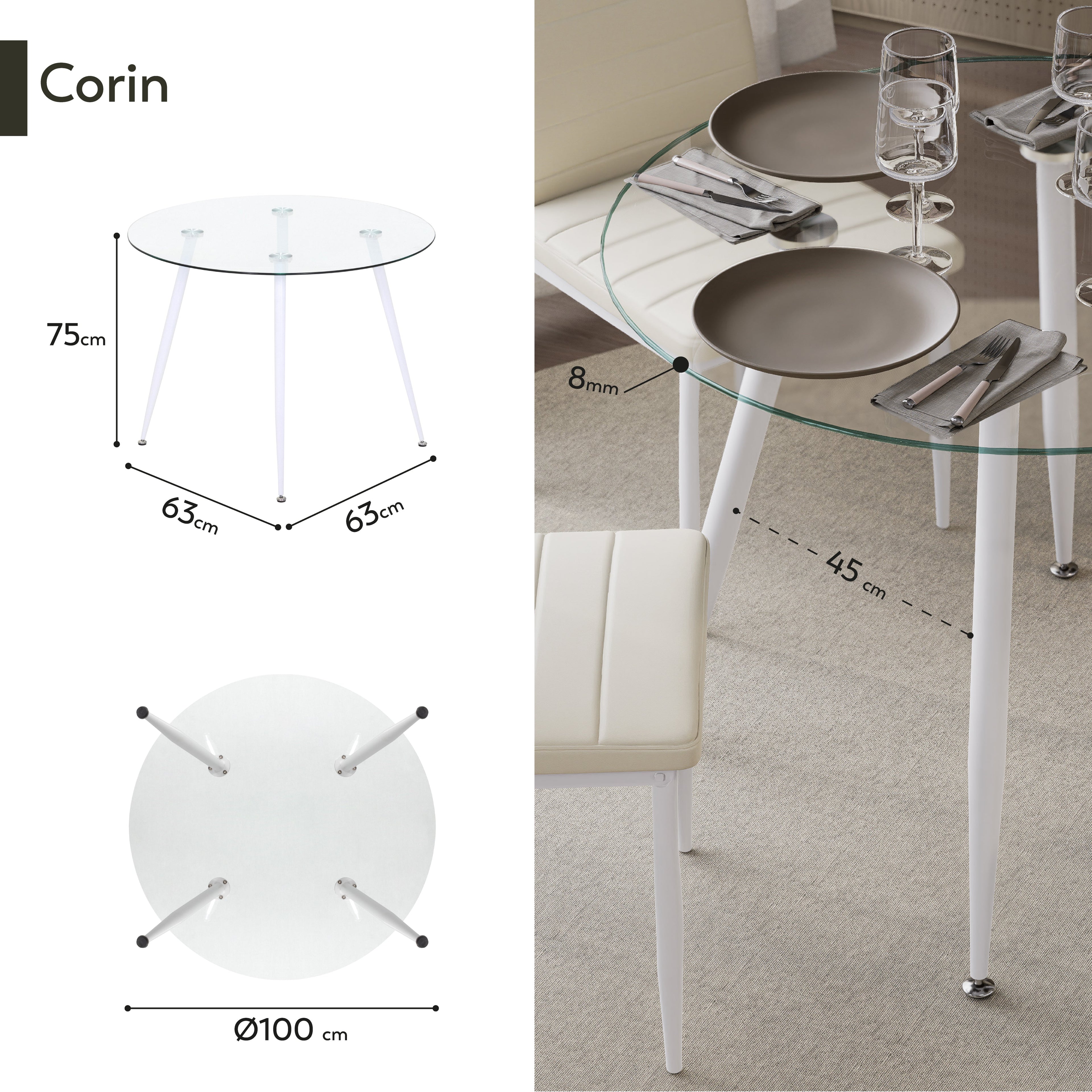 CORIN - Mesa de comedor con tablero de vidrio