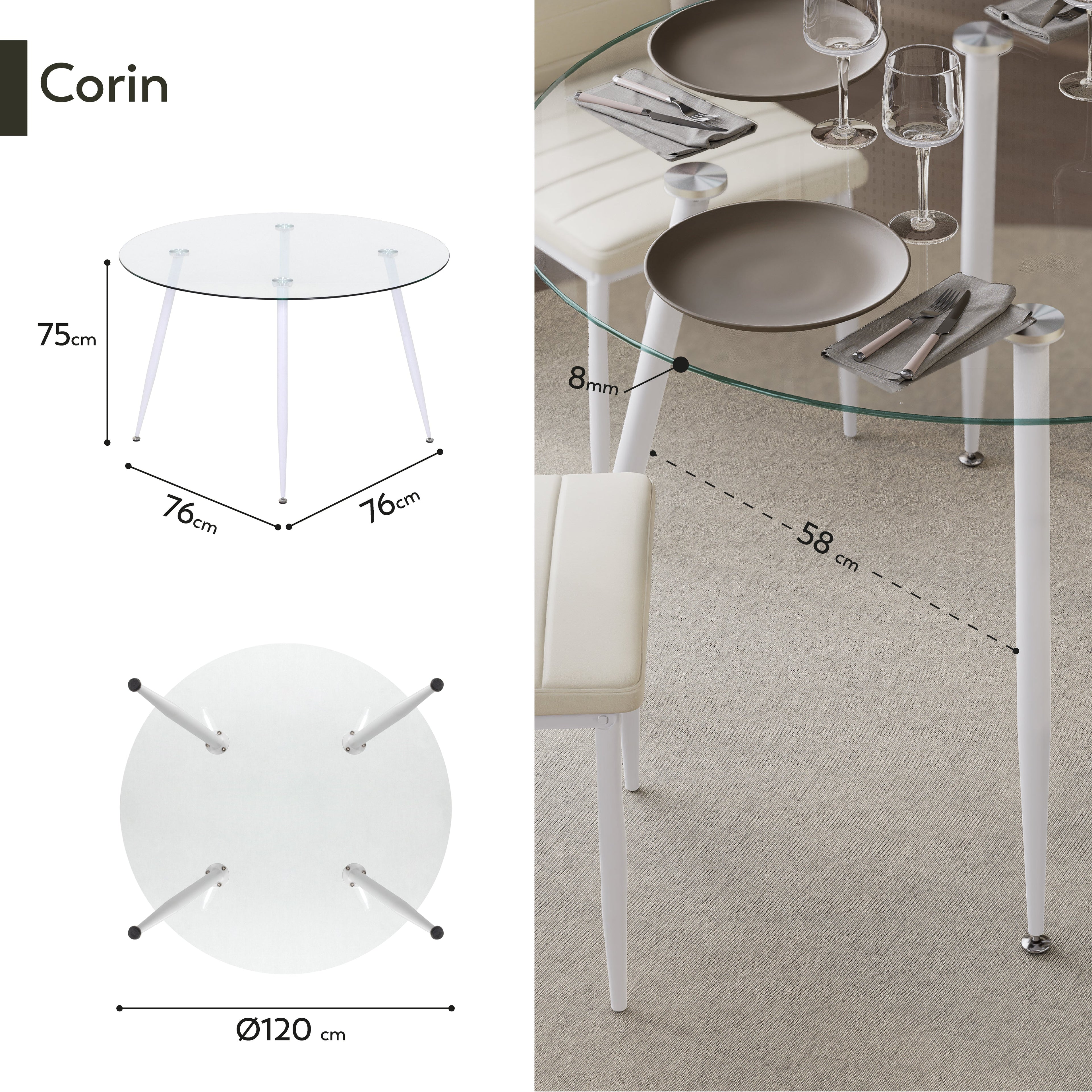 CORIN - Mesa de comedor con tablero de vidrio