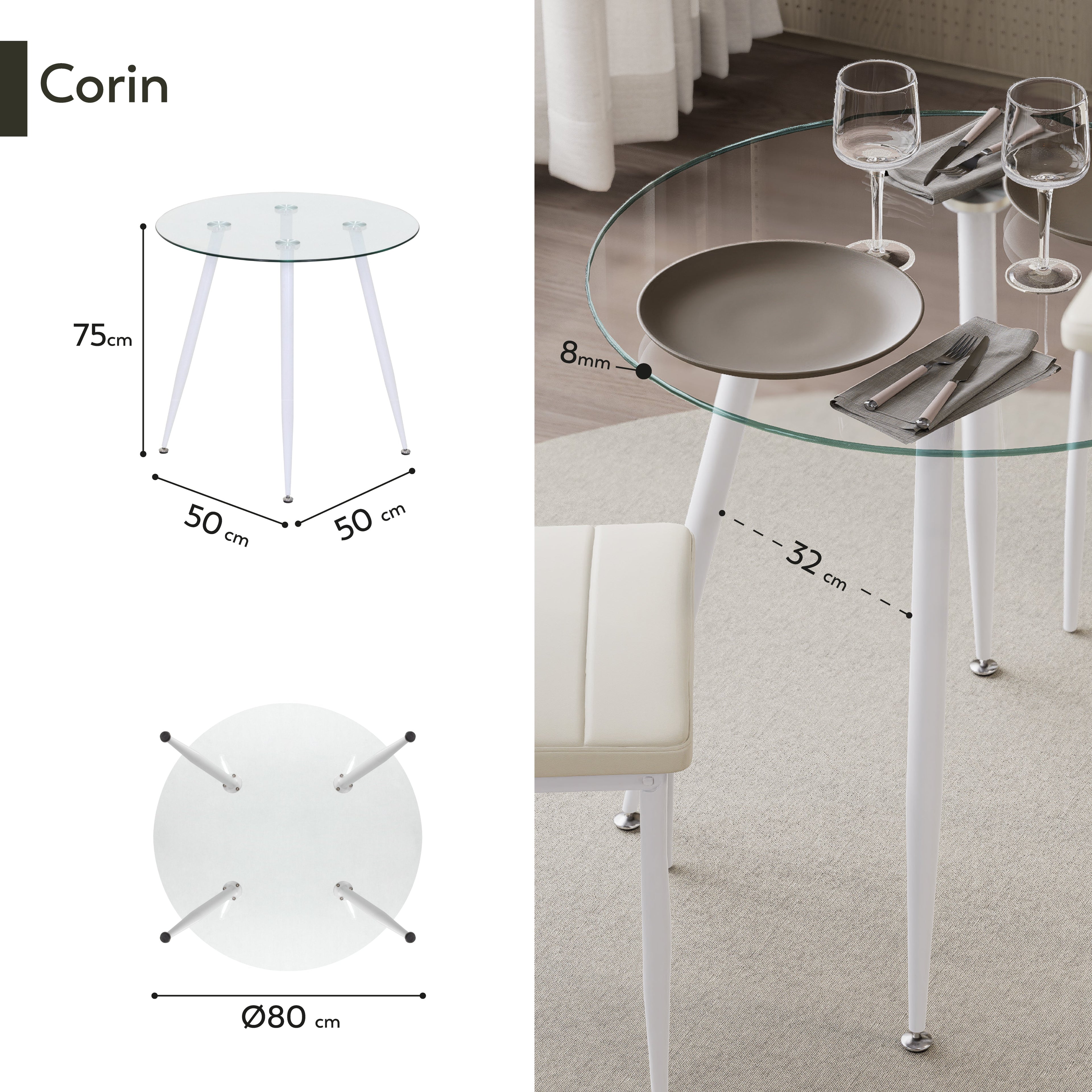 CORIN - Mesa de comedor con tablero de vidrio