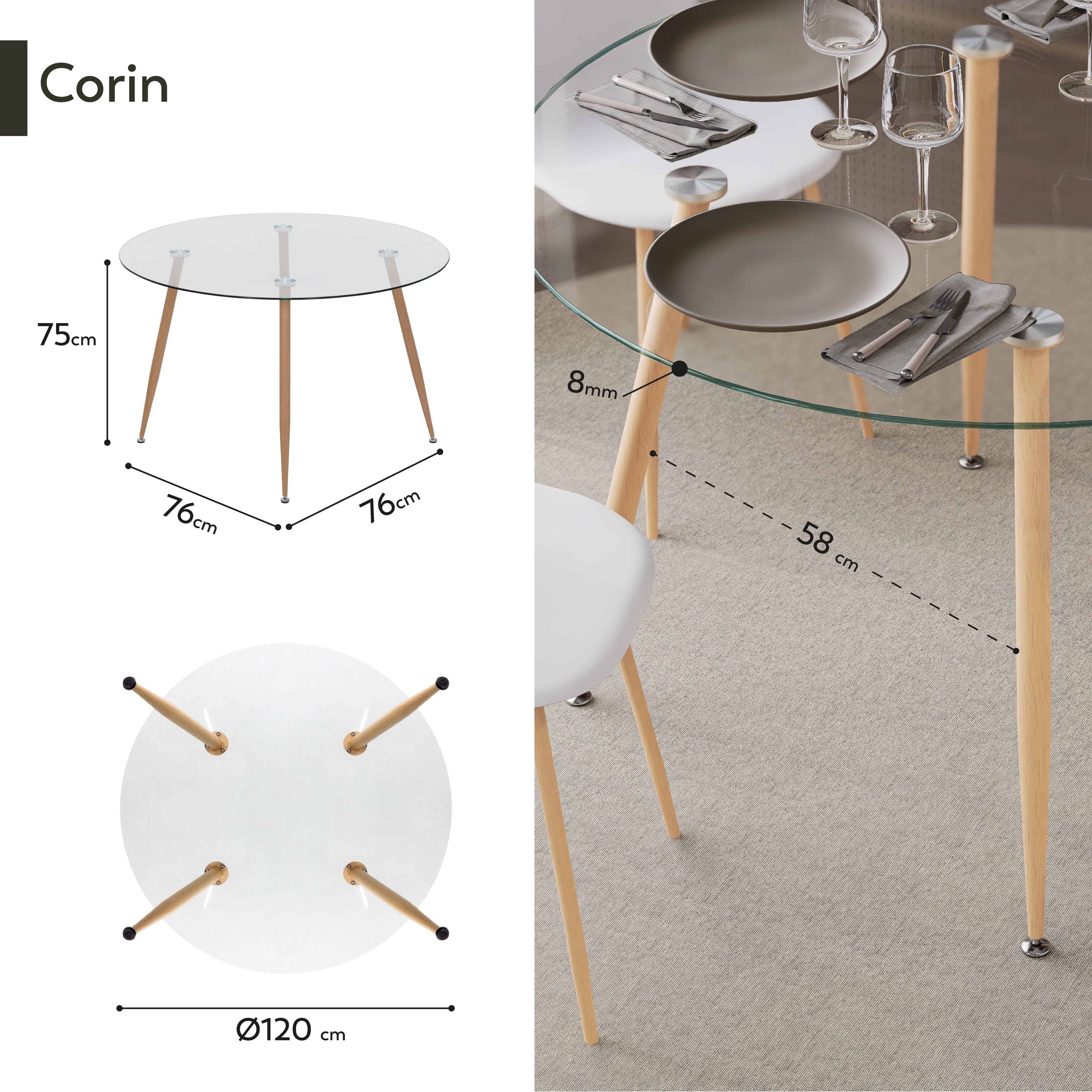 CORIN - Mesa de comedor con tablero de vidrio
