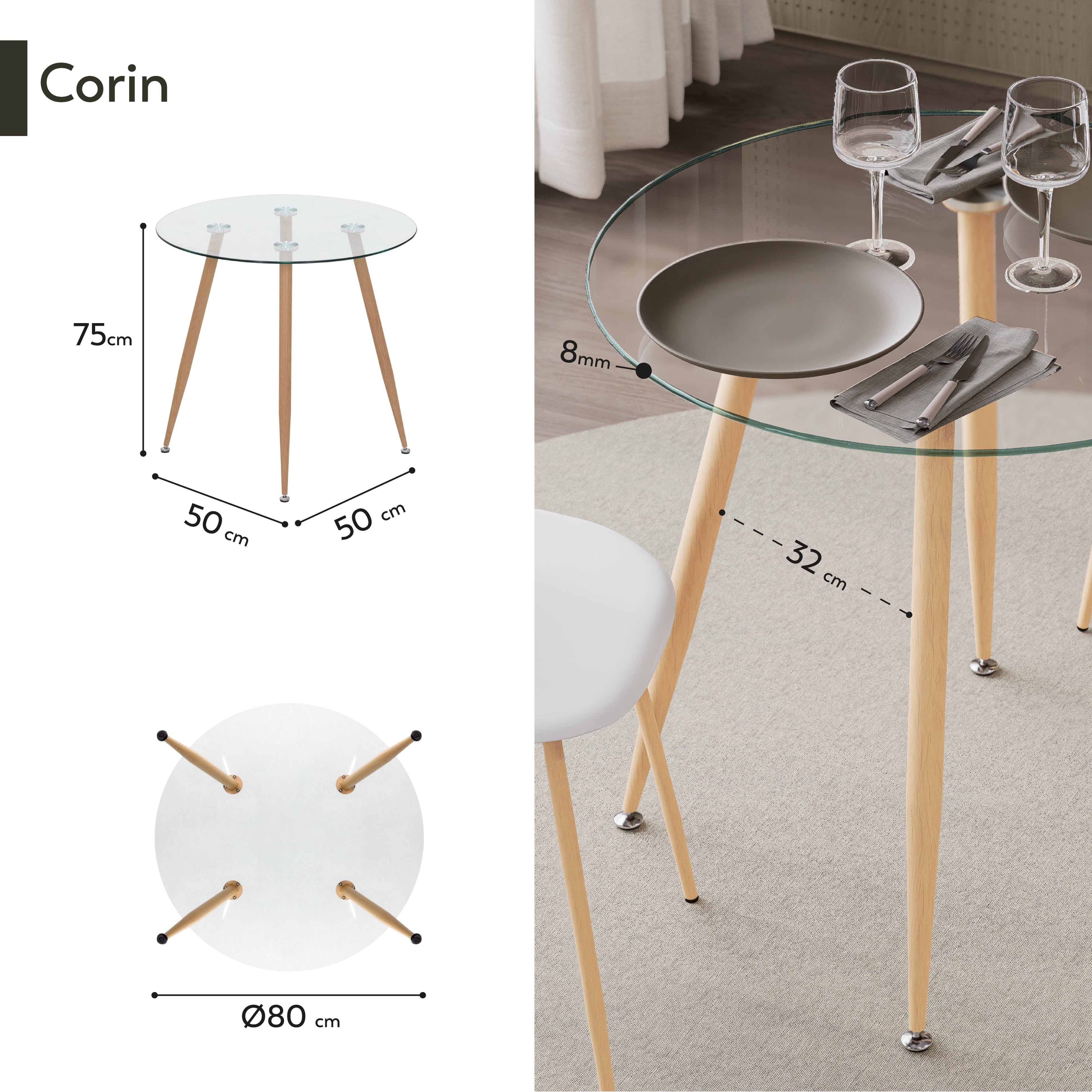 CORIN - Mesa de comedor con tablero de vidrio