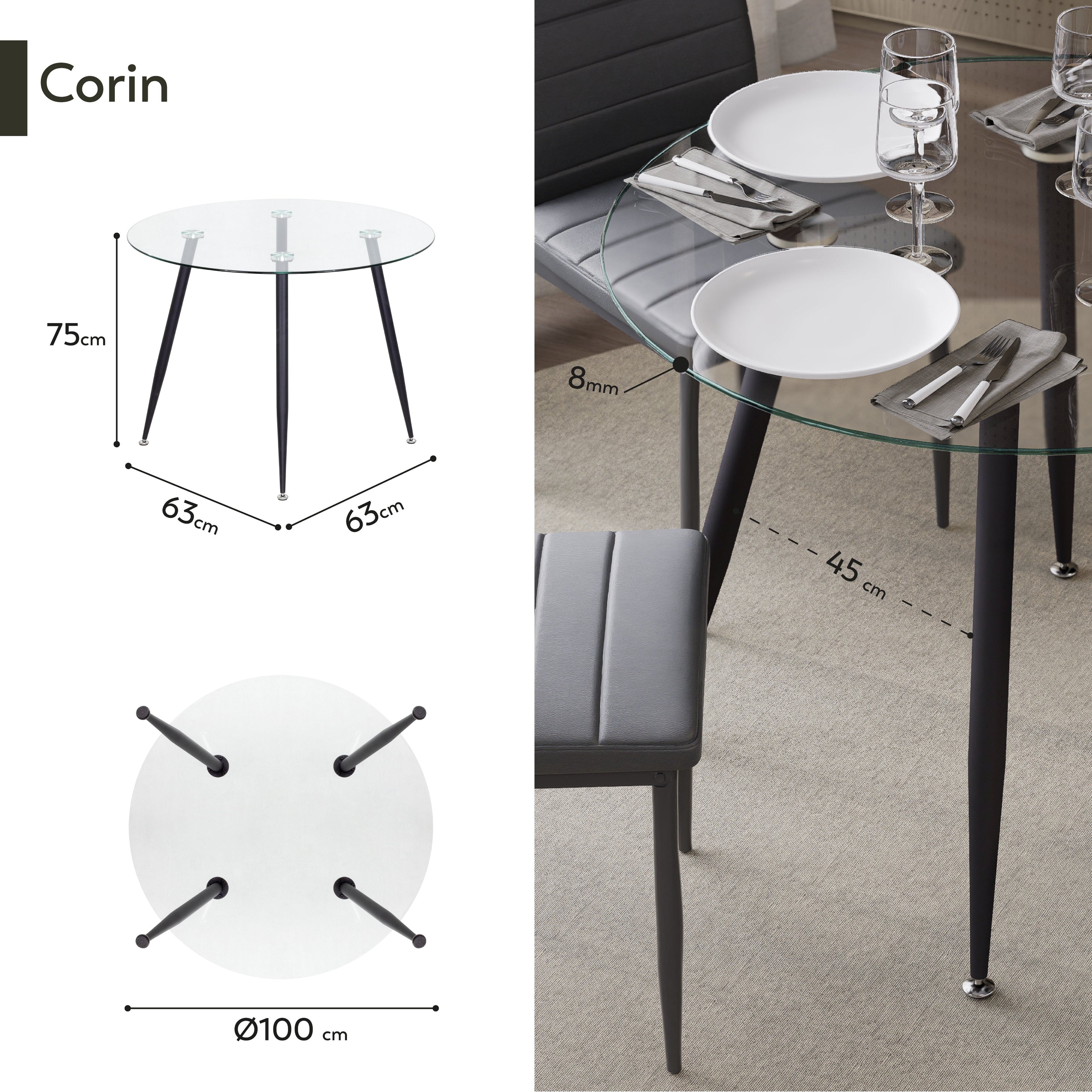 CORIN - Mesa de comedor con tablero de vidrio