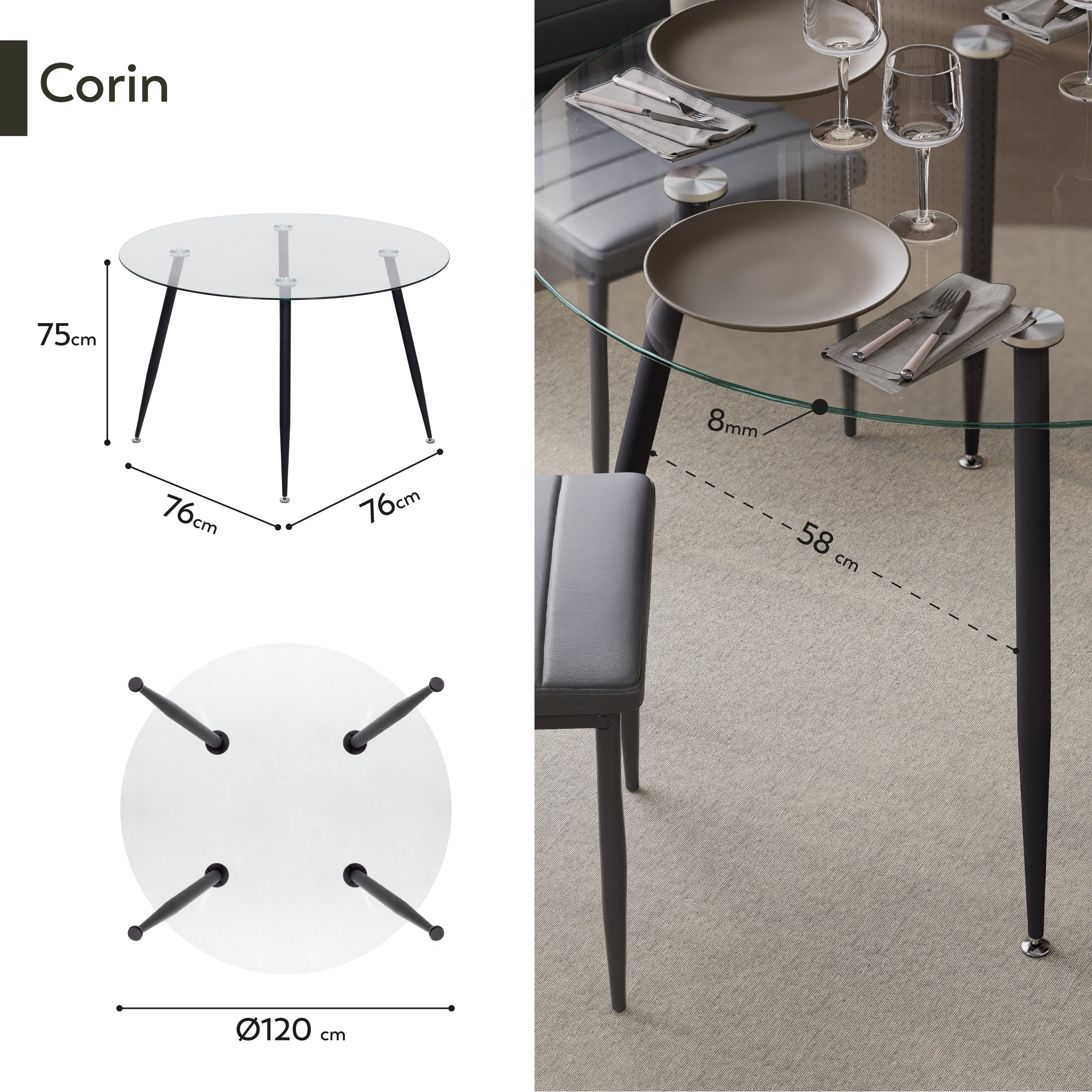 CORIN - Mesa de comedor con tablero de vidrio