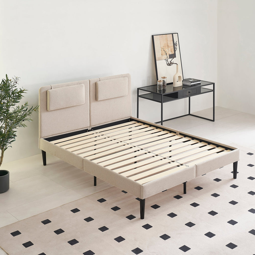 EMILY - Letto imbottito con testiera imbottita e rete a doghe in legno - Beige o Grigio