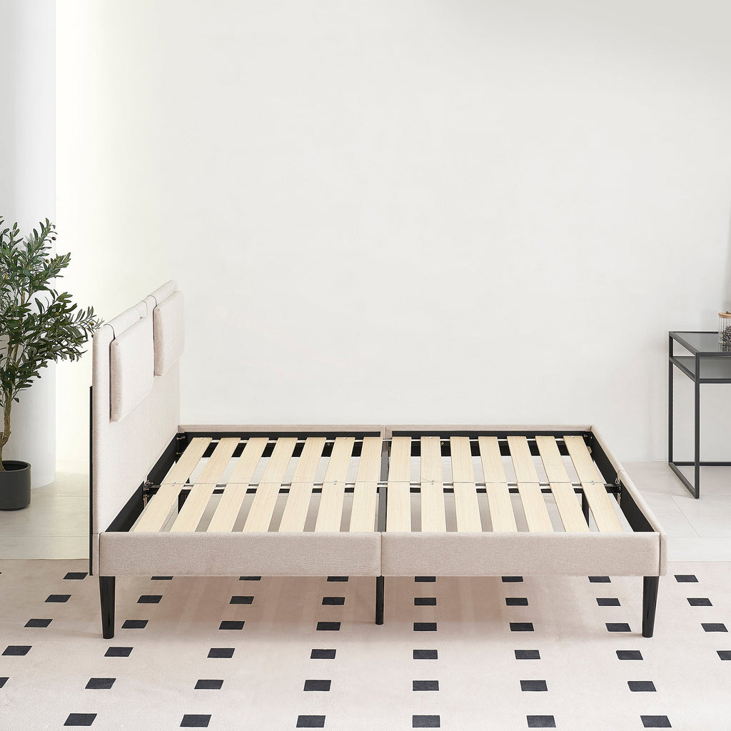EMILY - Letto imbottito con testiera imbottita e rete a doghe in legno - Beige o Grigio