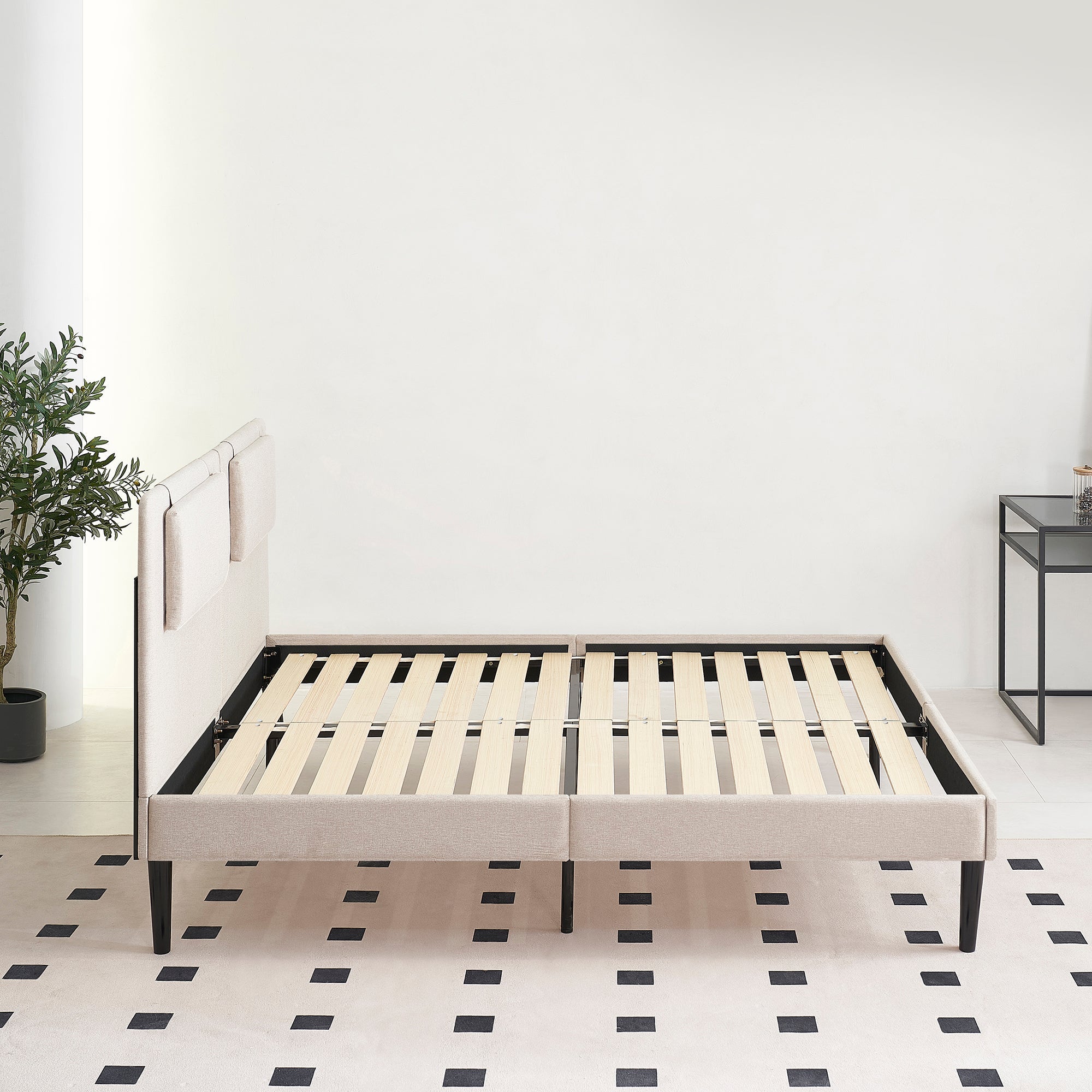 EMILY - Letto imbottito con testiera imbottita e rete a doghe in legno - Beige o Grigio
