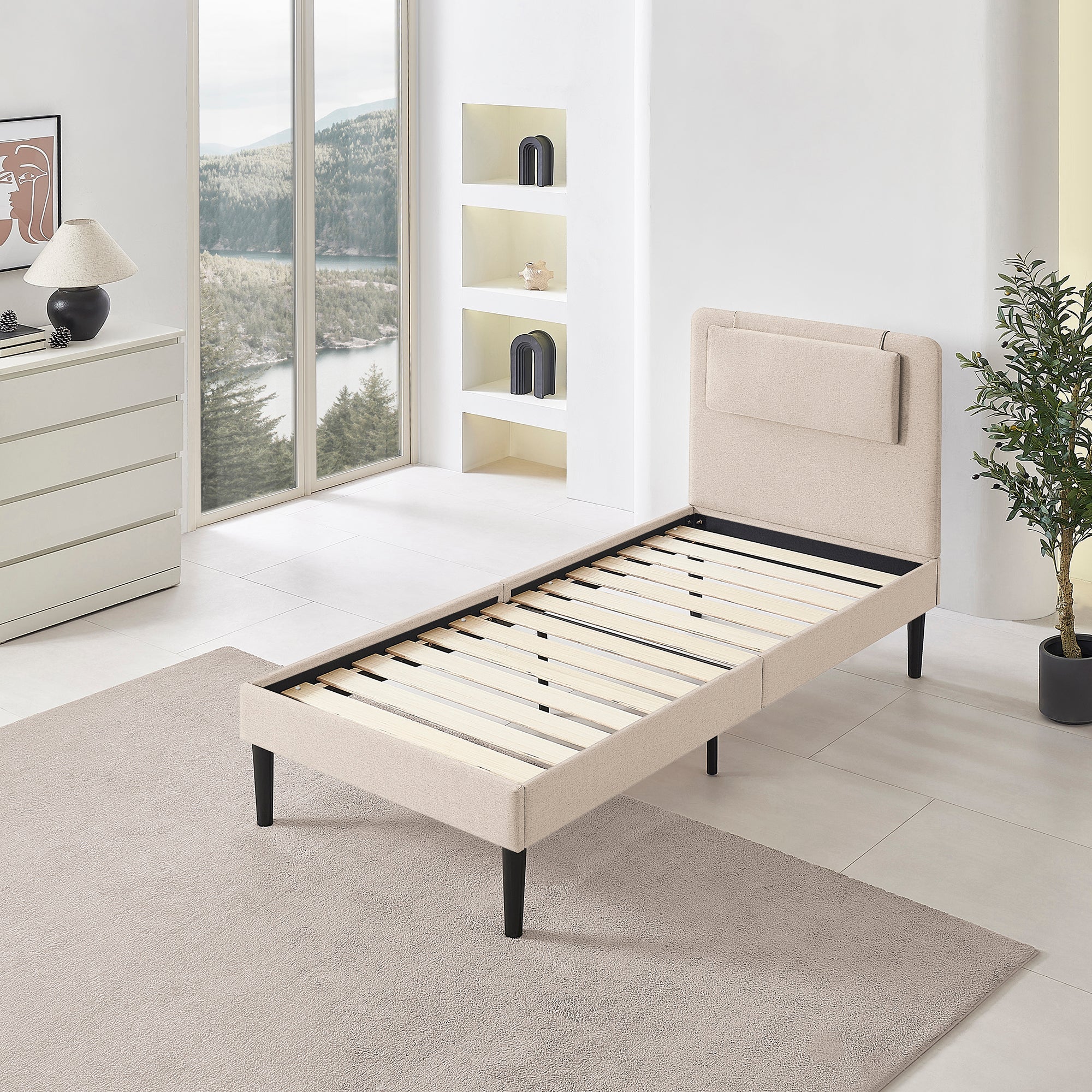 EMILY - Letto imbottito con testiera imbottita e rete a doghe in legno - Beige o Grigio