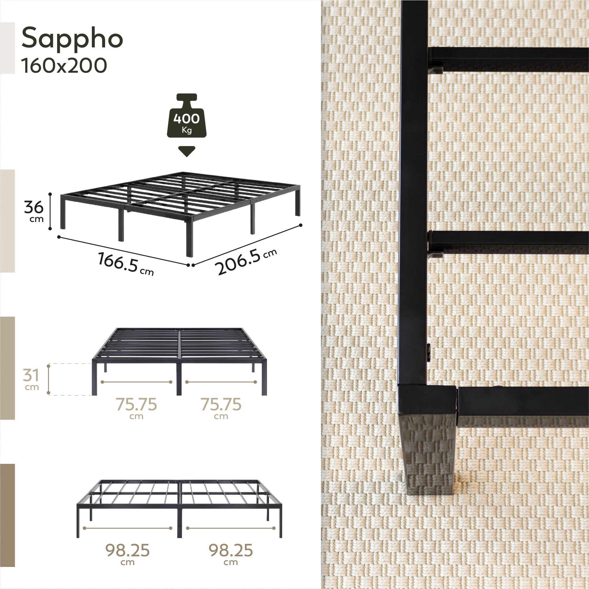 SAPPHO - Letto piattaforma metallico con spazio contenitivo di 31 cm - Nero o Bianco