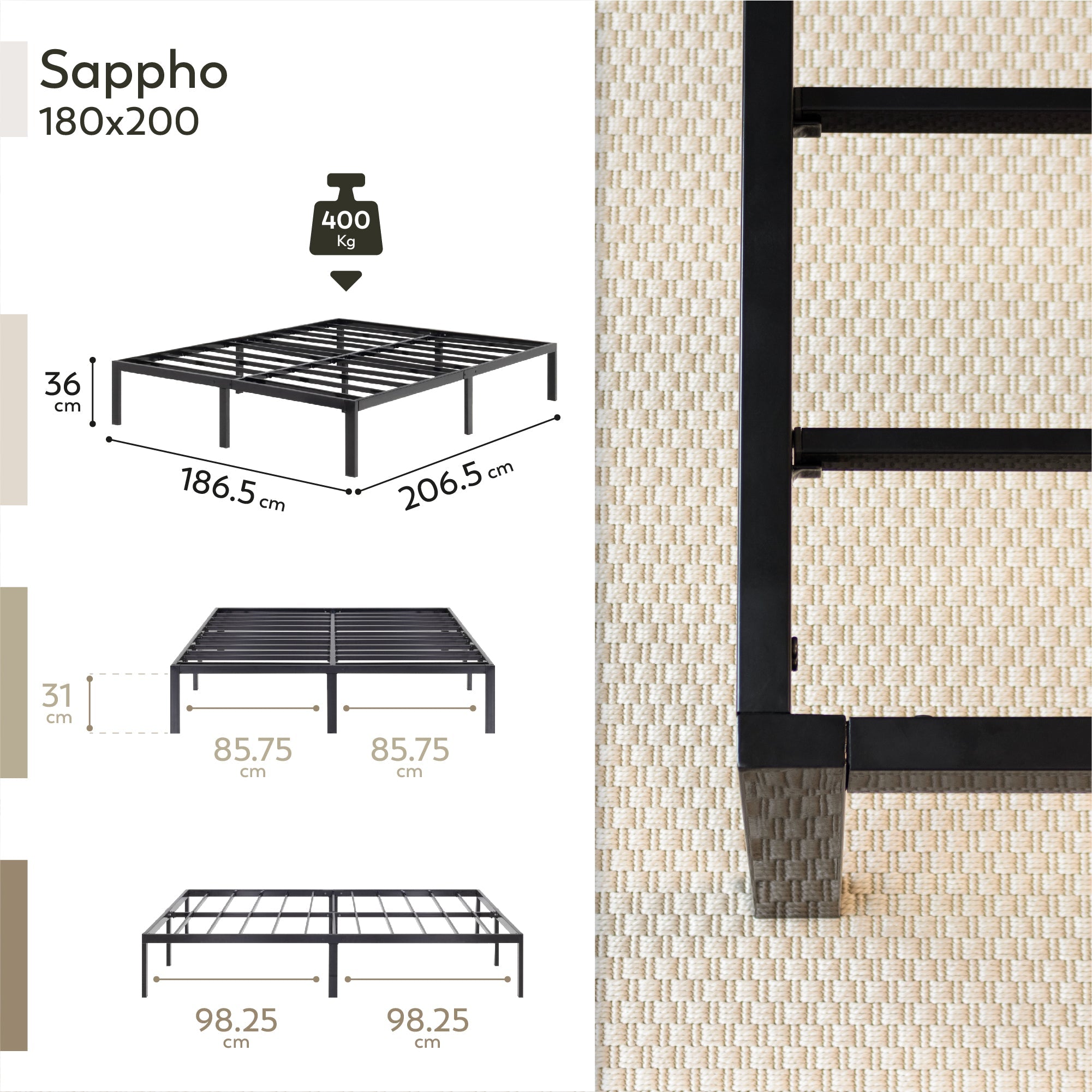 SAPPHO - Letto piattaforma metallico con spazio contenitivo di 31 cm - Nero o Bianco