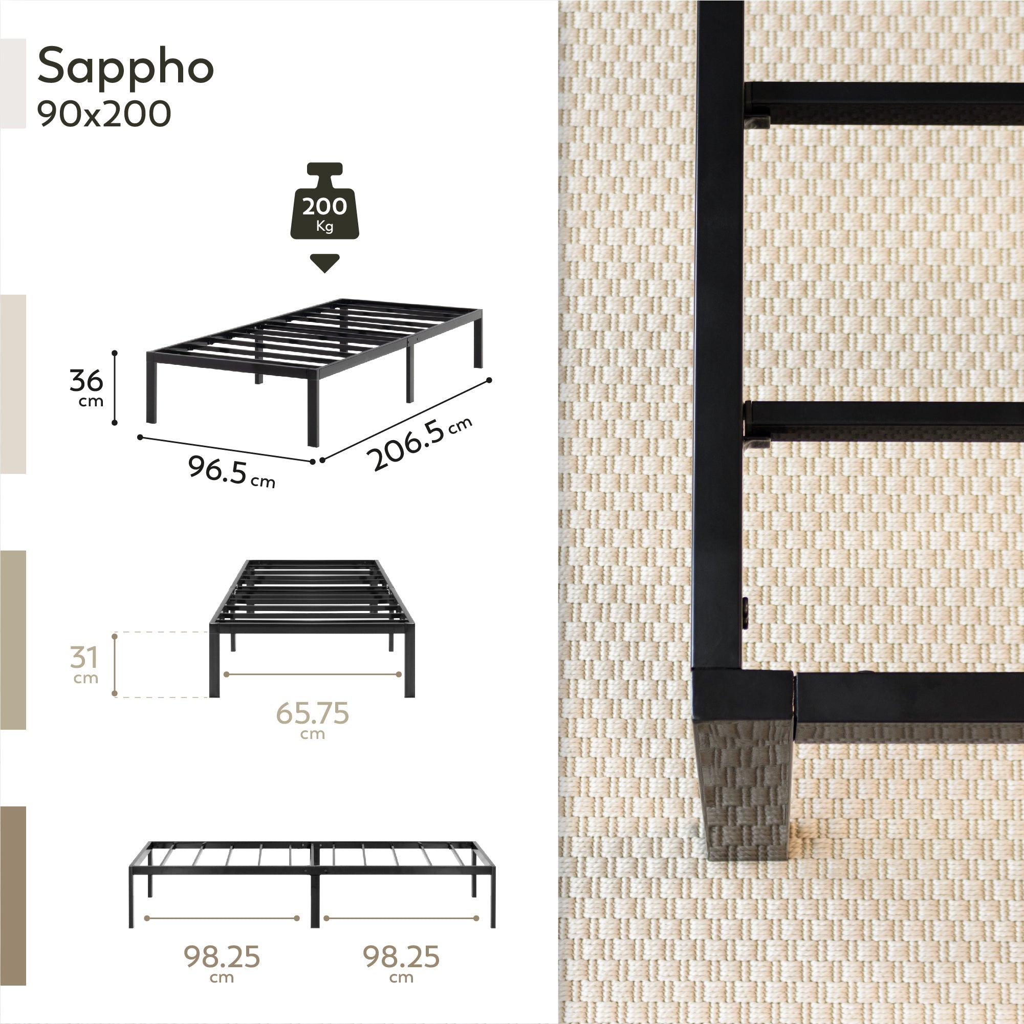 SAPPHO - Letto piattaforma metallico con spazio contenitivo di 31 cm - Nero o Bianco
