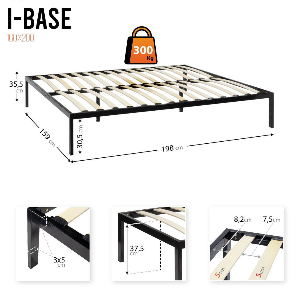 iBase - Letto con struttura metallica e spazio contenitivo di 30 cm in nero e bianco