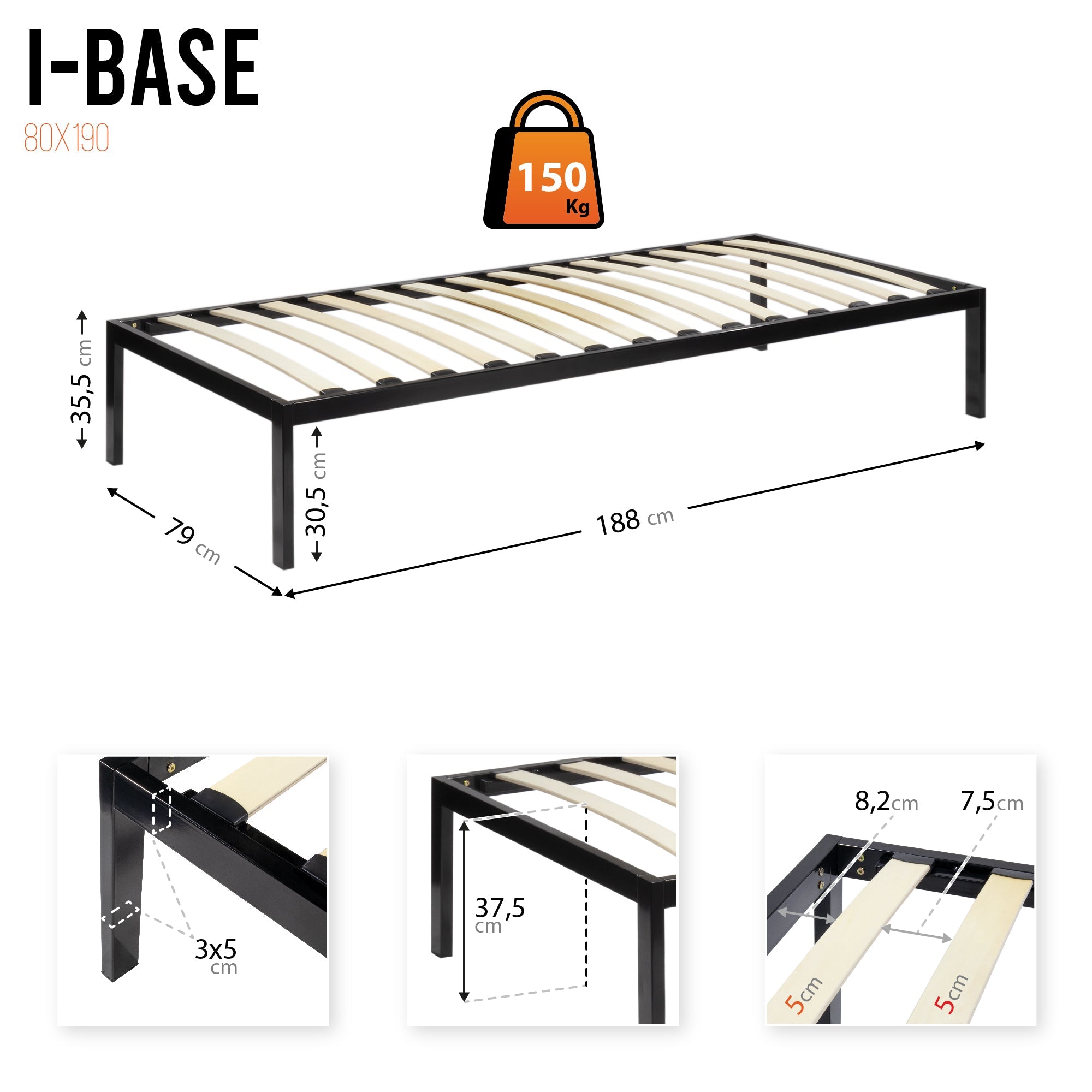 iBase - Letto con struttura metallica e spazio contenitivo di 30 cm in nero e bianco