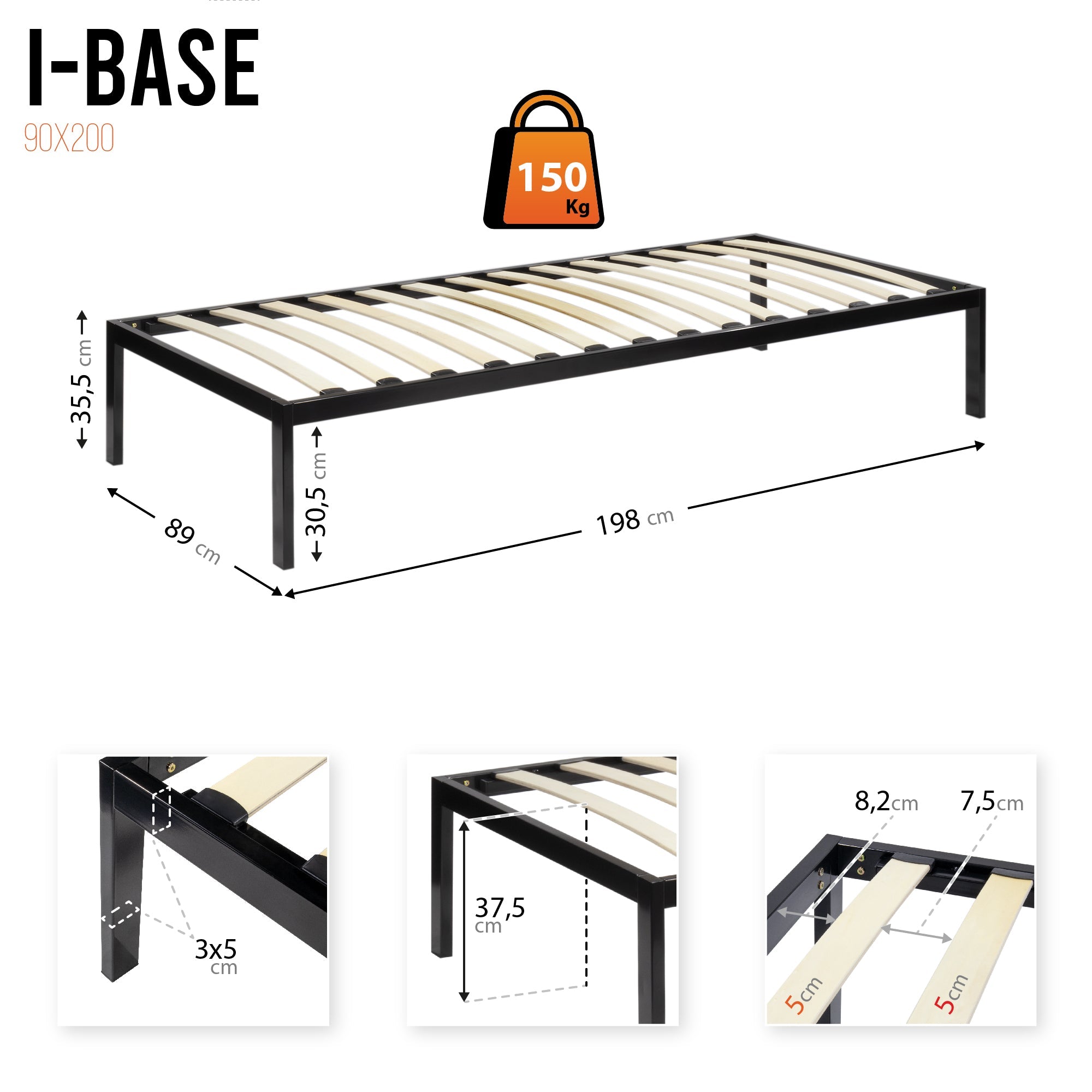 iBase - Letto con struttura metallica e spazio contenitivo di 30 cm in nero e bianco