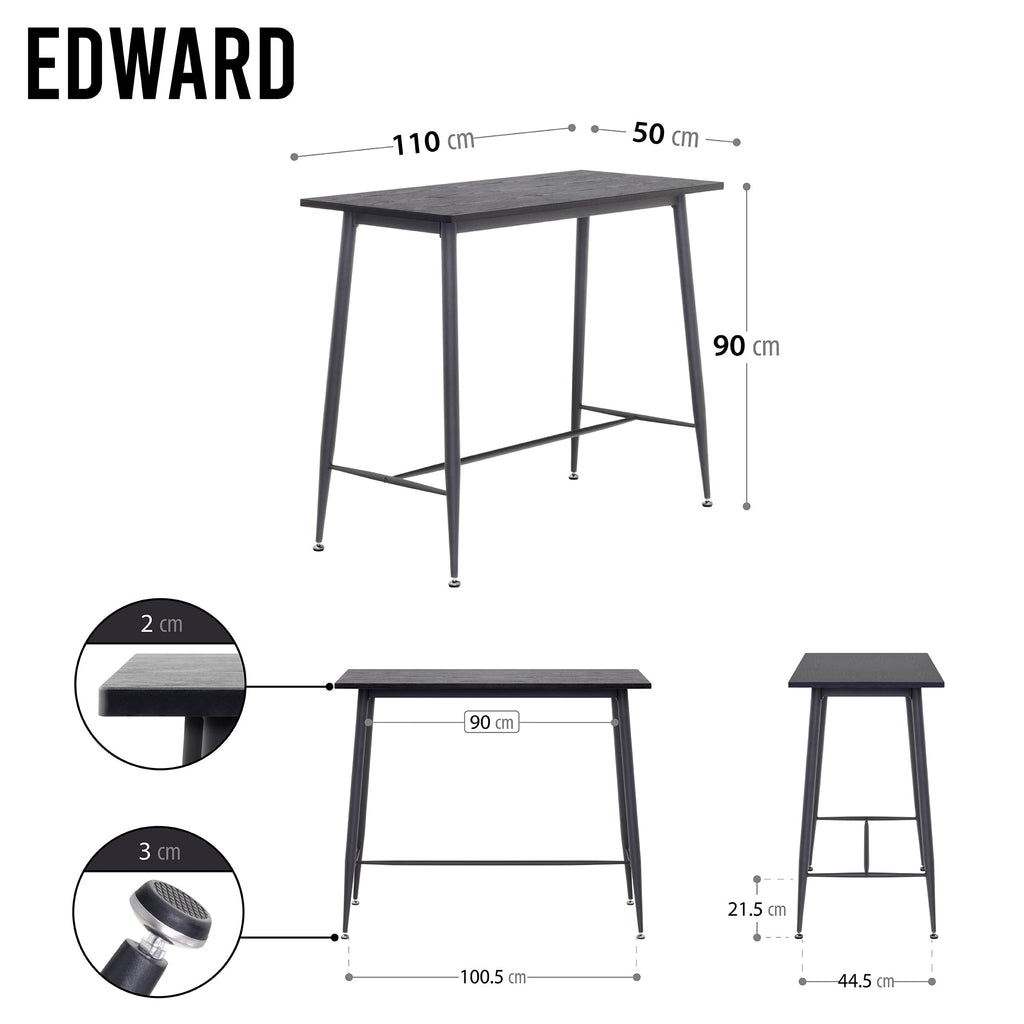 EDWARD - Mesa de bar 110x50x90 cm - estructura metálica robusta, pies antideslizantes, montaje fácil