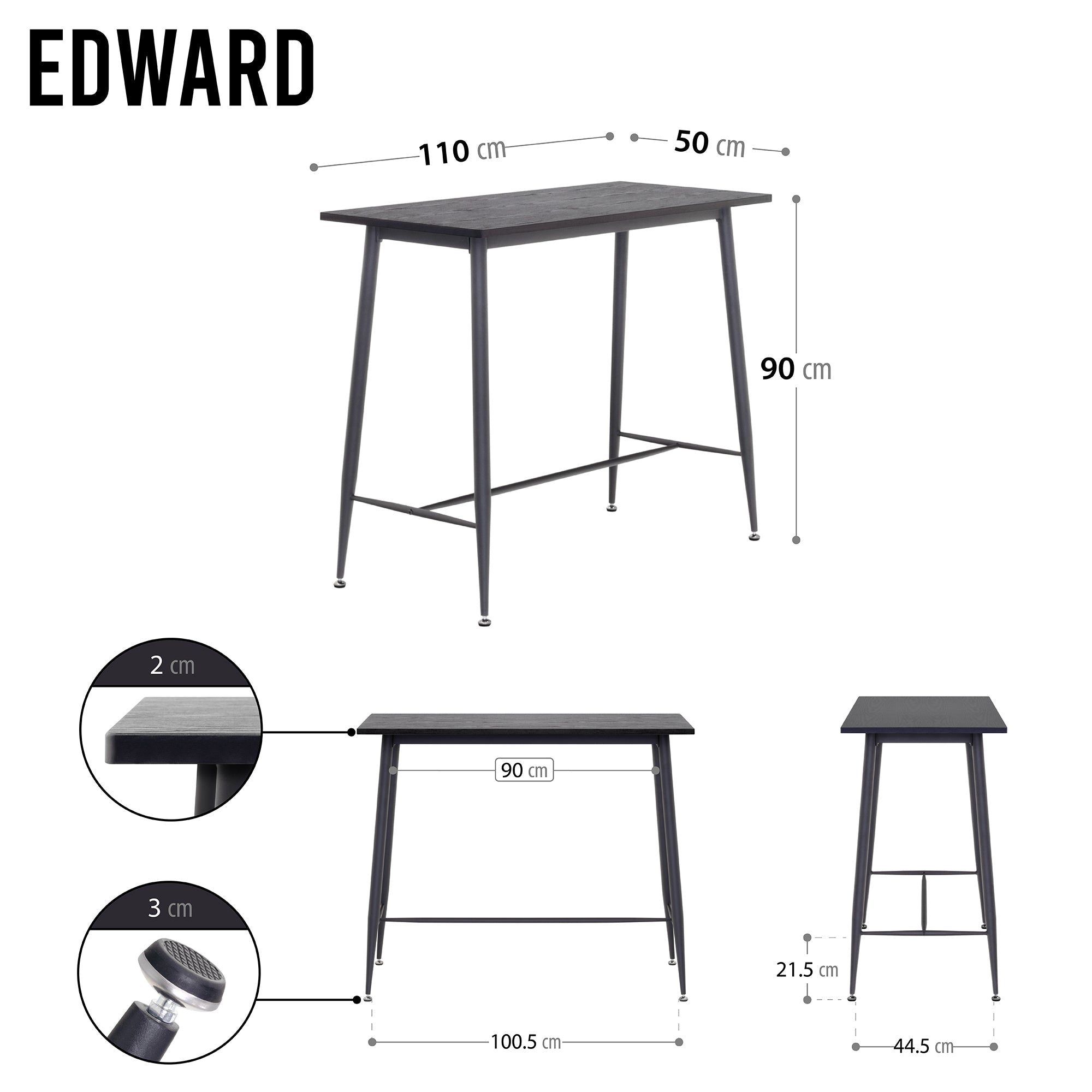 EDWARD - Mesa de bar 110x50x90 cm - estructura metálica robusta, pies antideslizantes, montaje fácil