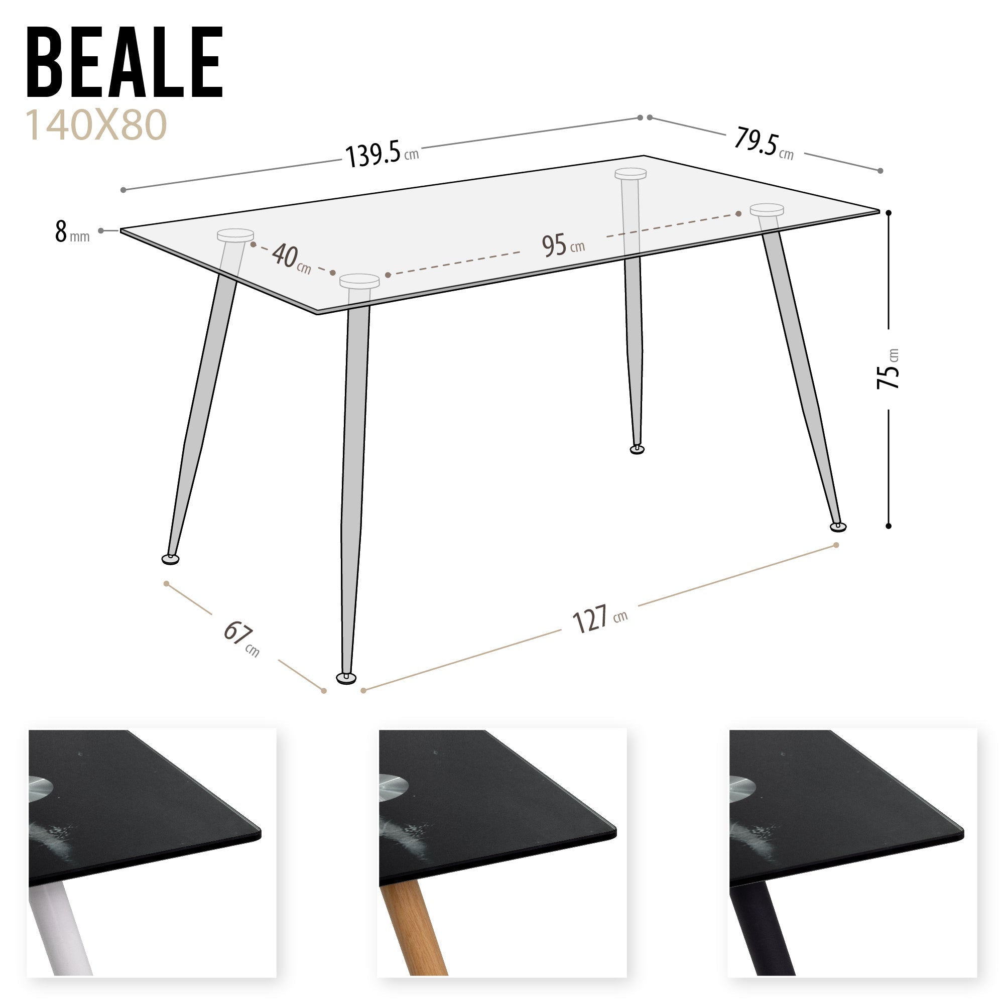 BEALE - Mesa de comedor fija rectangular, estructura metálica y varios acabados de tablero