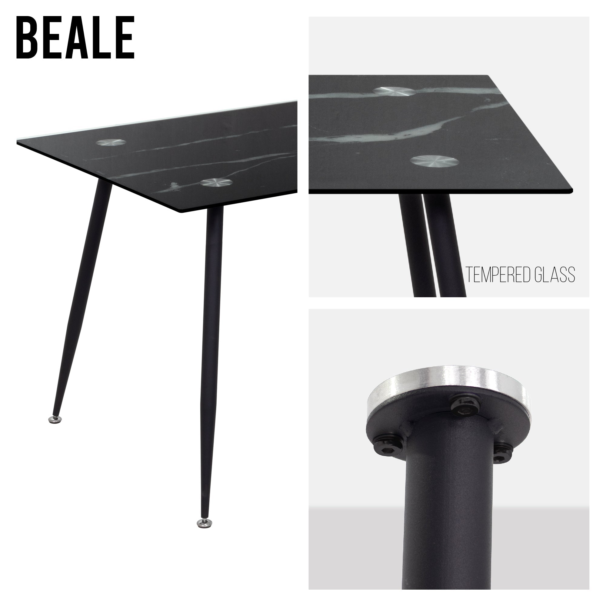 BEALE - Mesa de comedor fija rectangular, estructura metálica y varios acabados de tablero