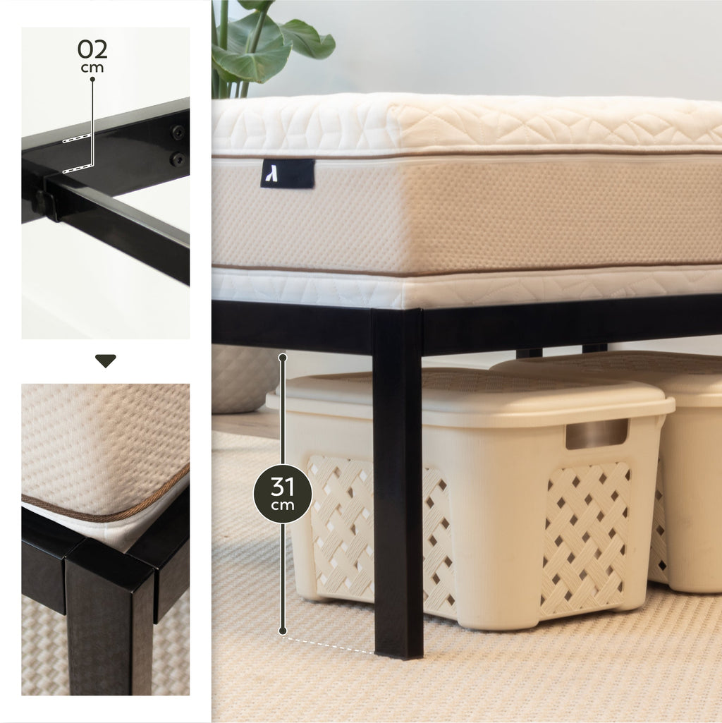 SAPPHO - Letto piattaforma metallico con spazio contenitivo di 31 cm - Nero o Bianco