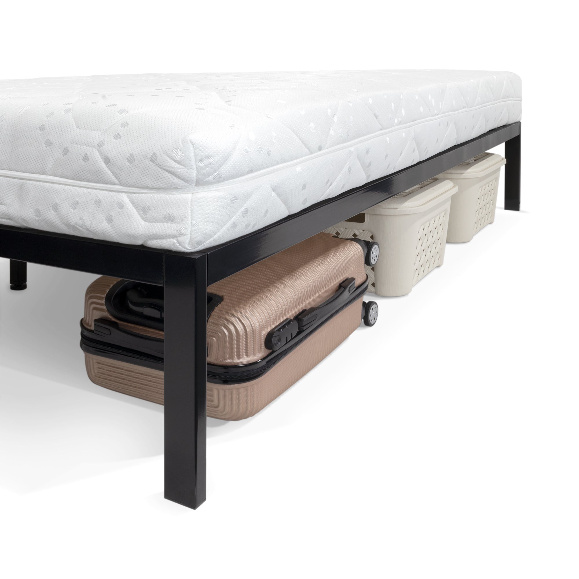 iBase - Letto con struttura metallica e spazio contenitivo di 30 cm in nero e bianco
