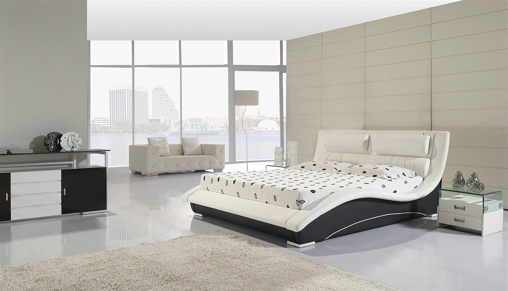 LEANDRO - Letto in pelle sintetica nero e bianco