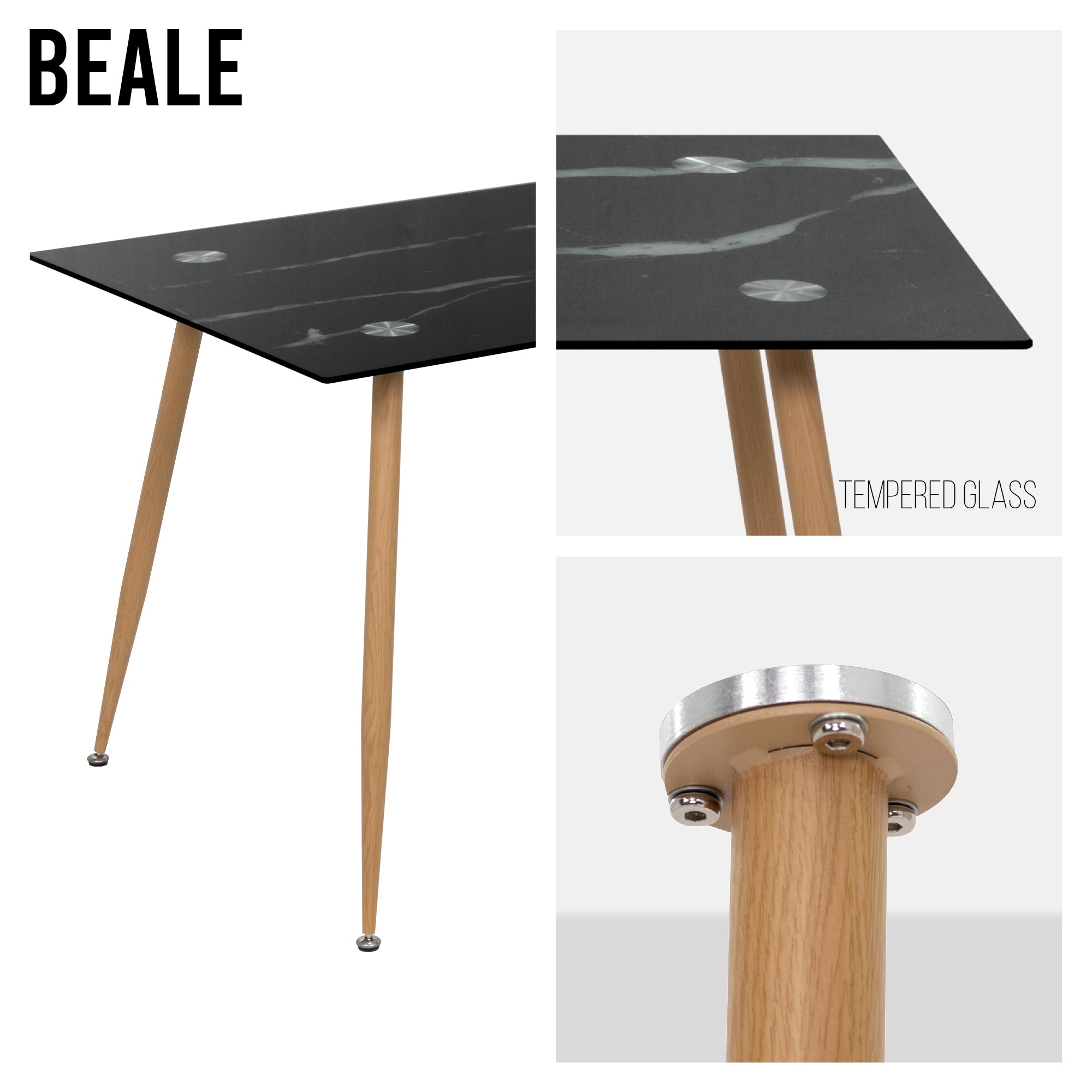 BEALE - Mesa de comedor fija rectangular, estructura metálica y varios acabados de tablero