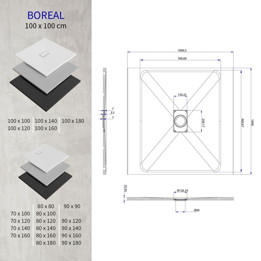 BOREAL - Base de duche branca RAL 9016 SMC antiderrapante GRIPSTONE com sifão incluído