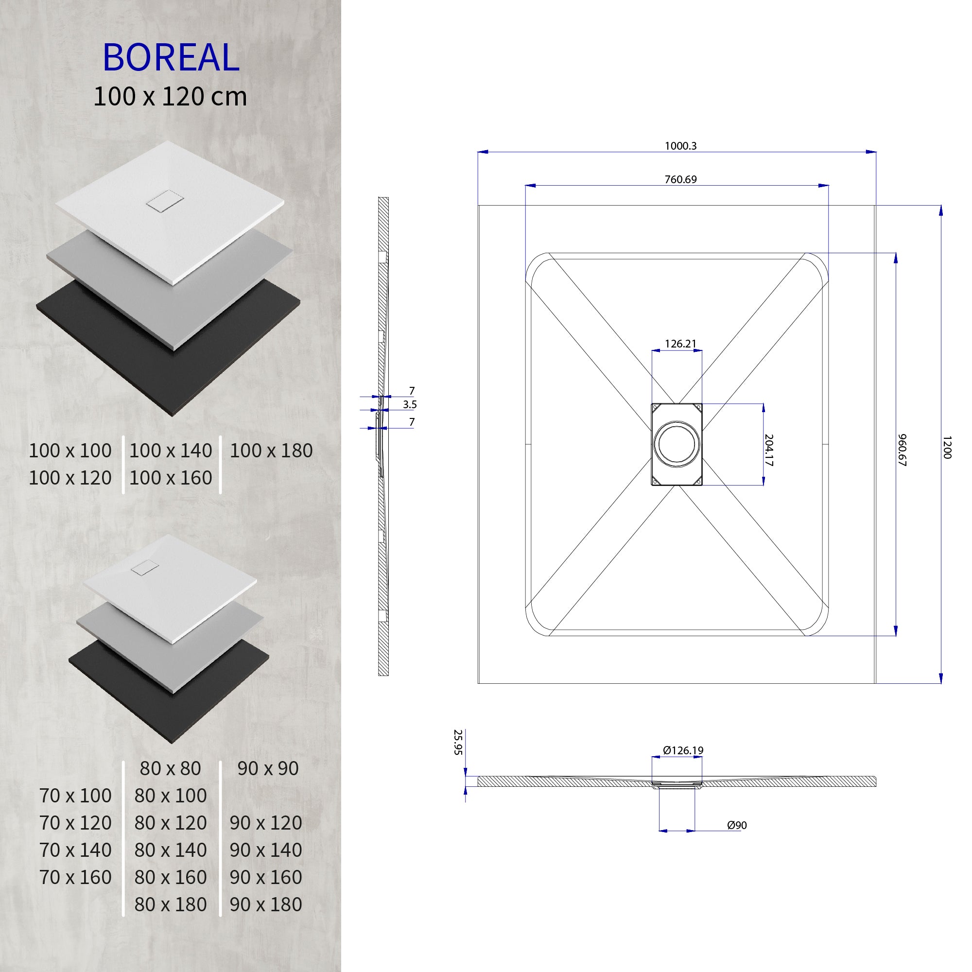 BOREAL - Base de duche preta RAL 7021 SMC antiderrapante GRIPSTONE com sifão incluído