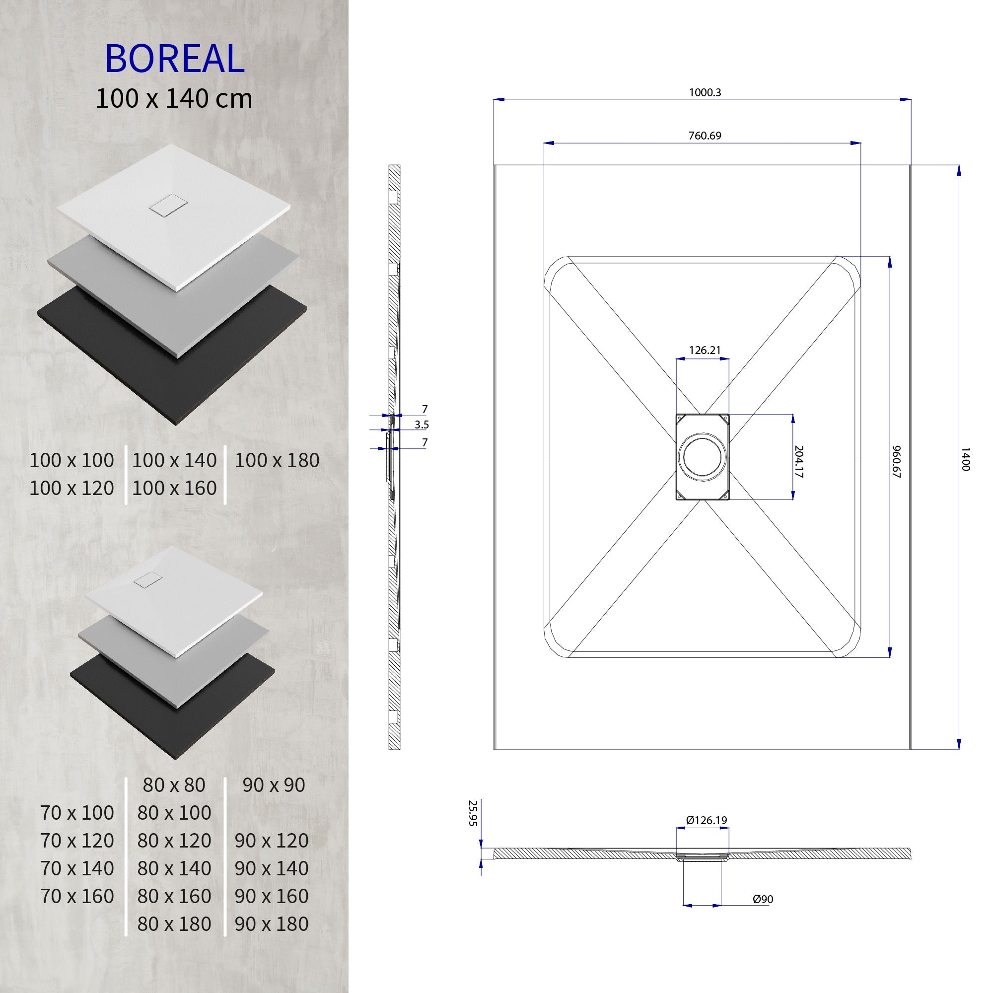 BOREAL - Piatto doccia grigio antiscivolo, resistente, durevole e facile da pulire - Incl. sifone