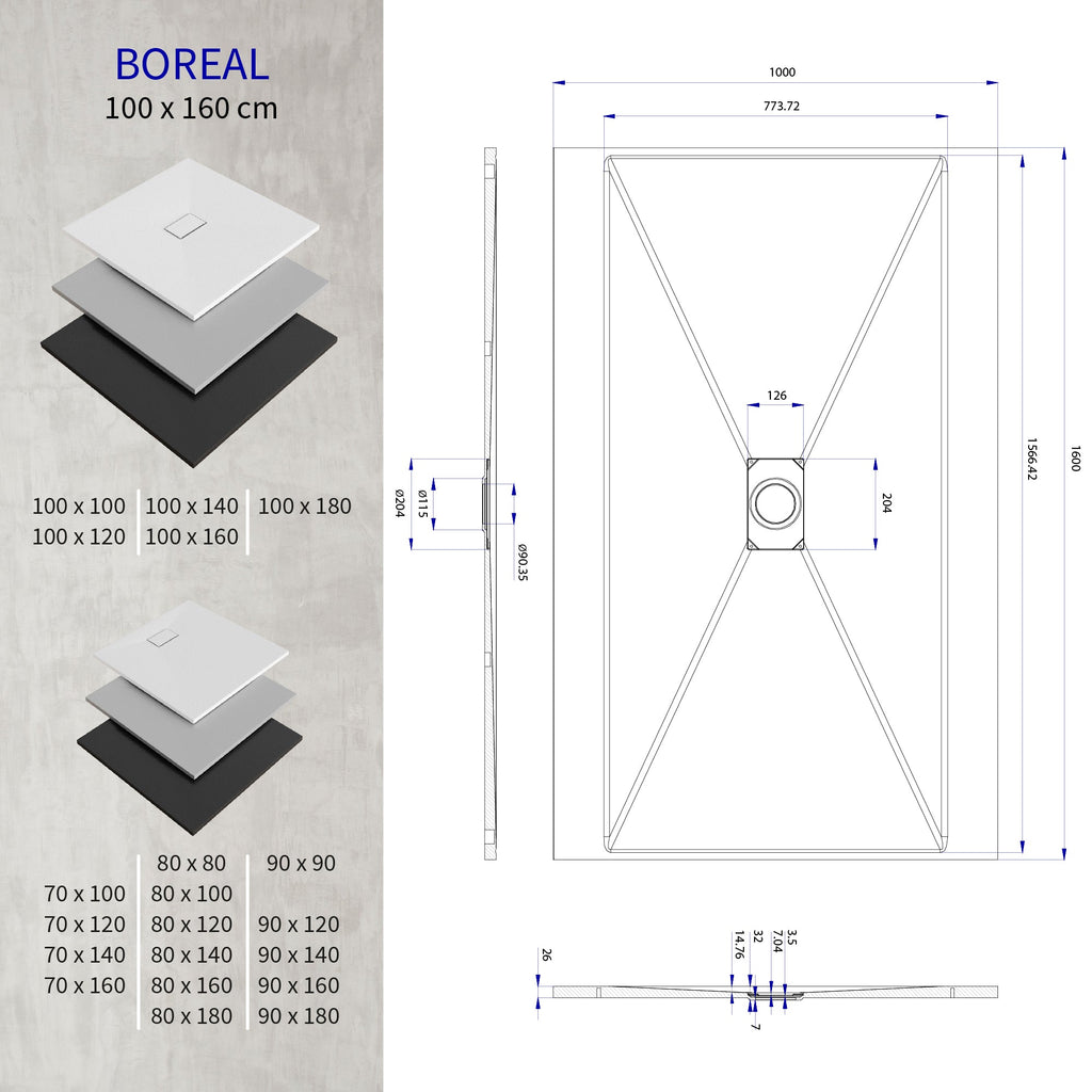 BOREAL - Base de duche cinzenta RAL 7030 SMC antiderrapante GRIPSTONE com sifão incluído