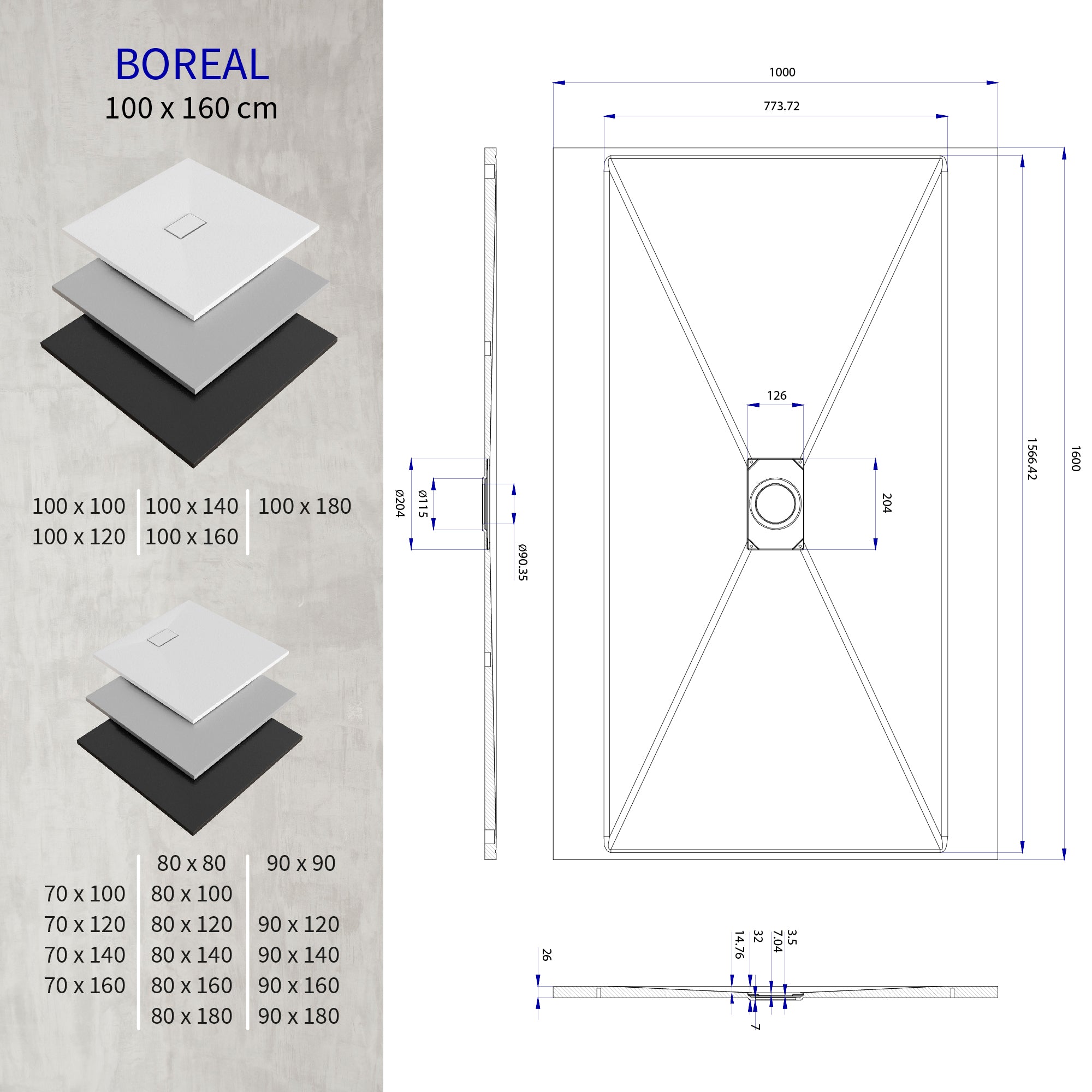 BOREAL - Base de duche branca RAL 9016 SMC antiderrapante GRIPSTONE com sifão incluído