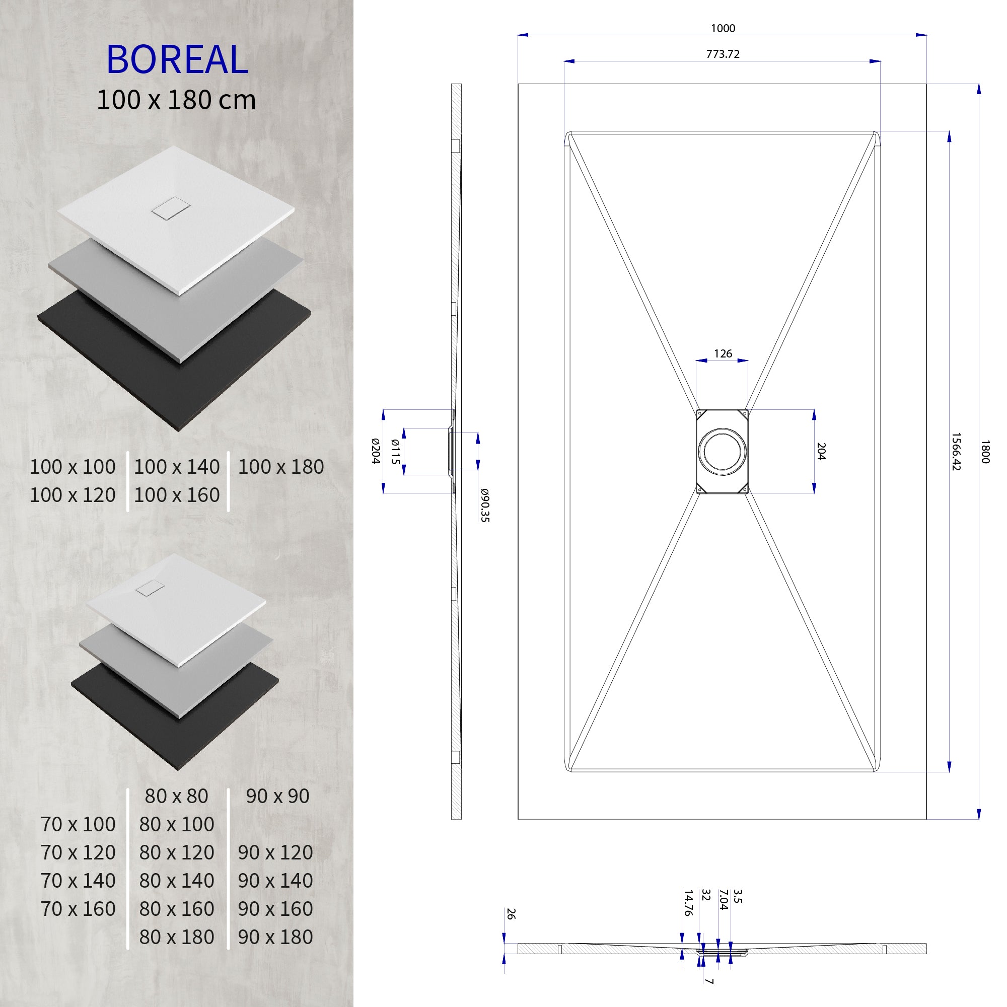 BOREAL - Base de duche preta RAL 7021 SMC antiderrapante GRIPSTONE com sifão incluído