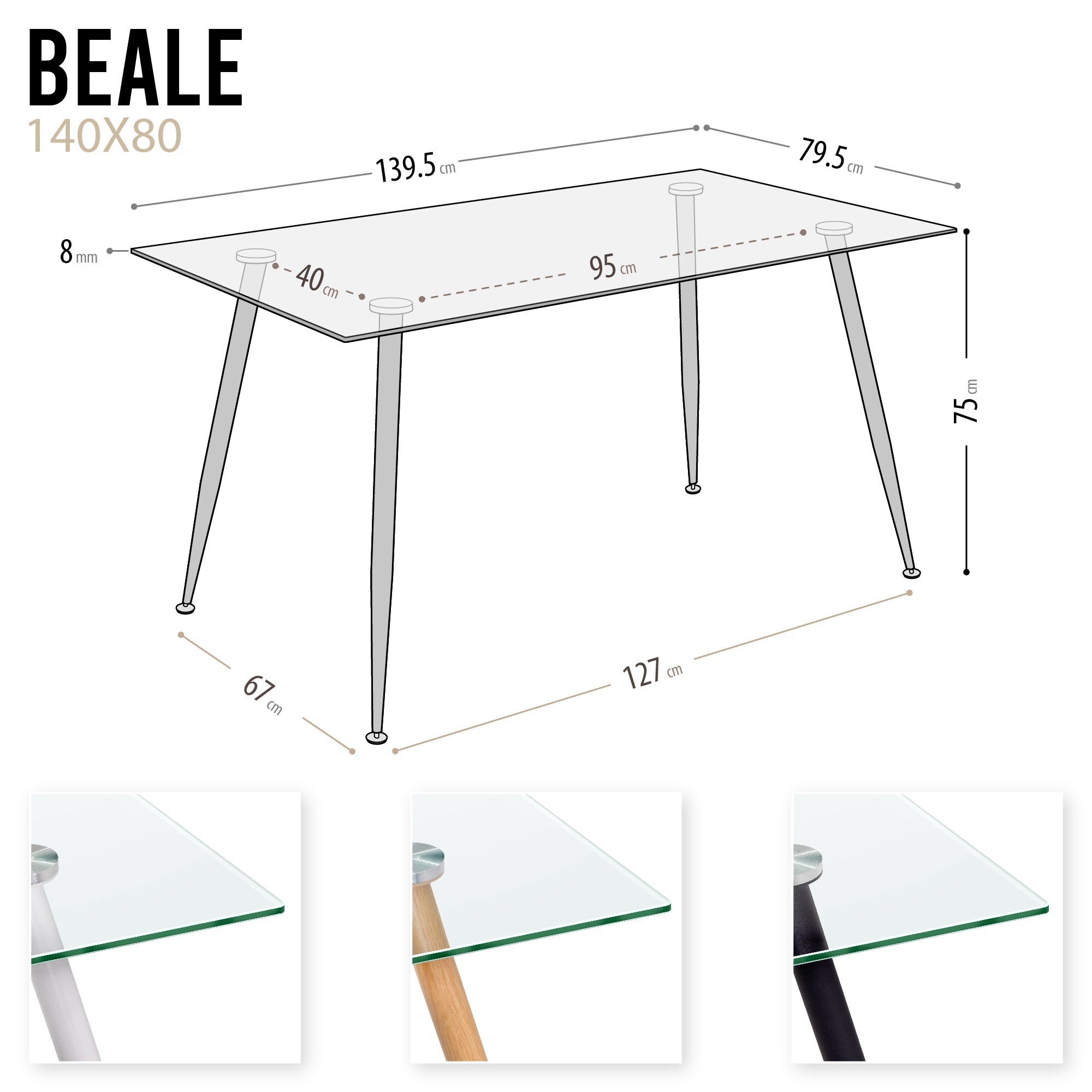 BEALE – Mesa de jantar fixa retangular, estrutura metálica e vários acabamentos de tampo