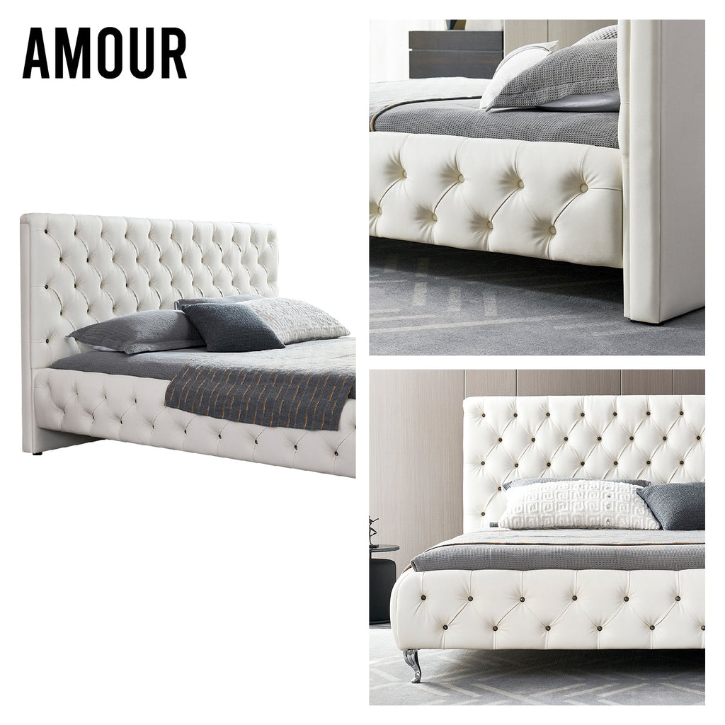AMOUR – Cama estofada branca ou cinzenta com cabeceira acolchoada, com ou sem cristais